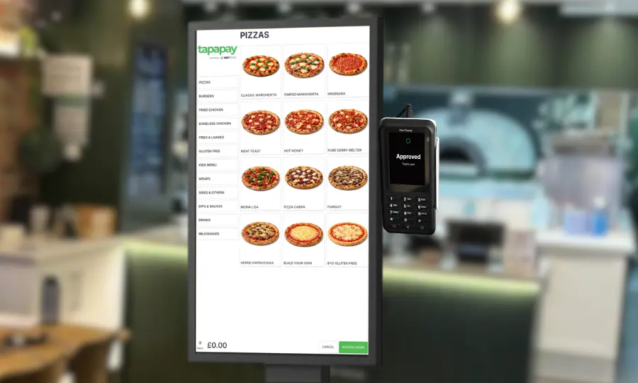 Self-service kiosk pizzeria ordering screen