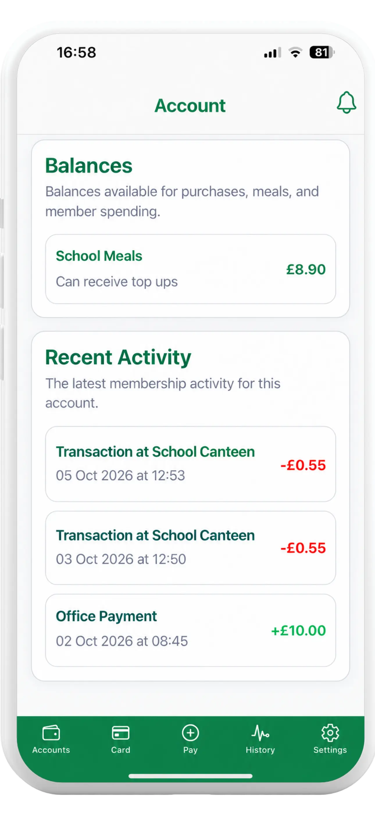 Tapa Cashless App activity screen showing student account transactions