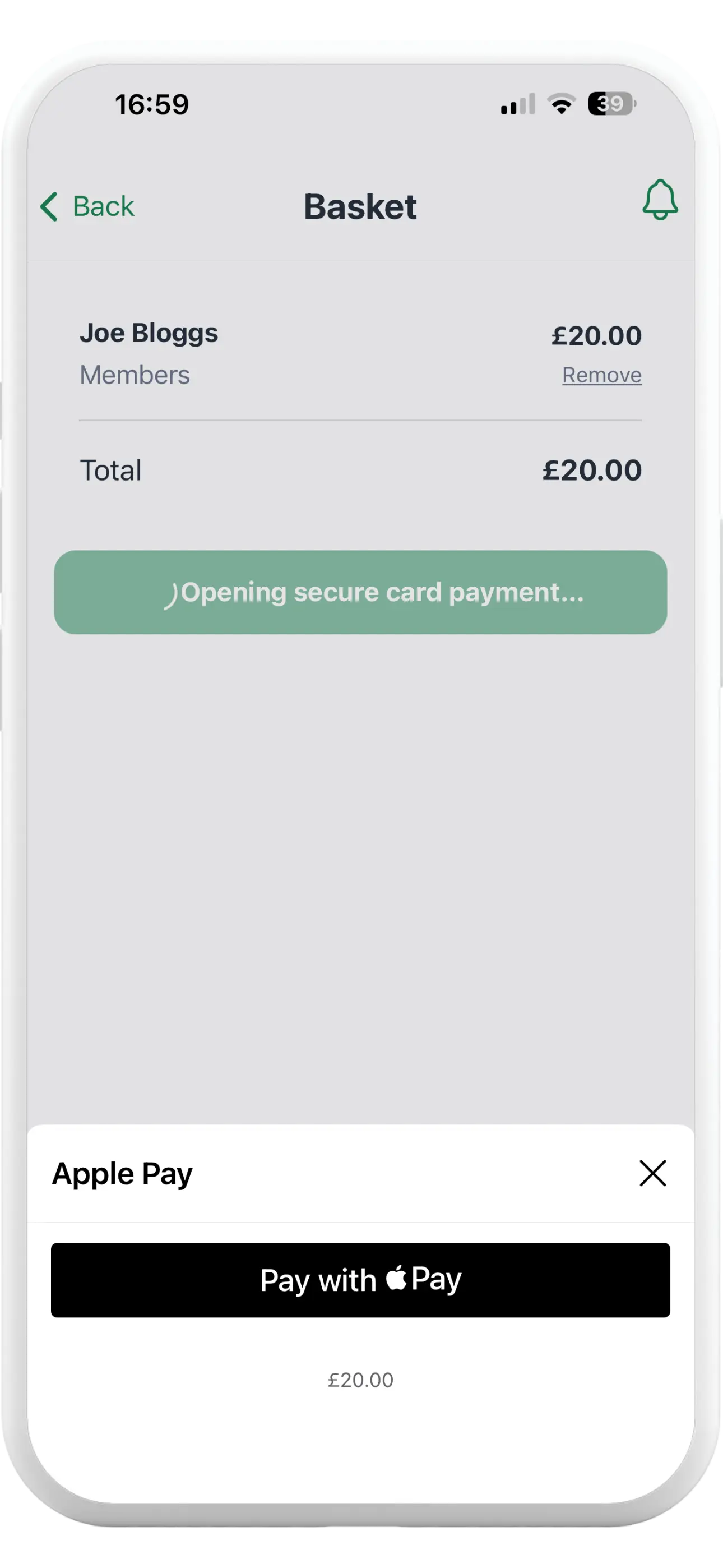 Tapa Membership App basket with Apple Pay payment option
