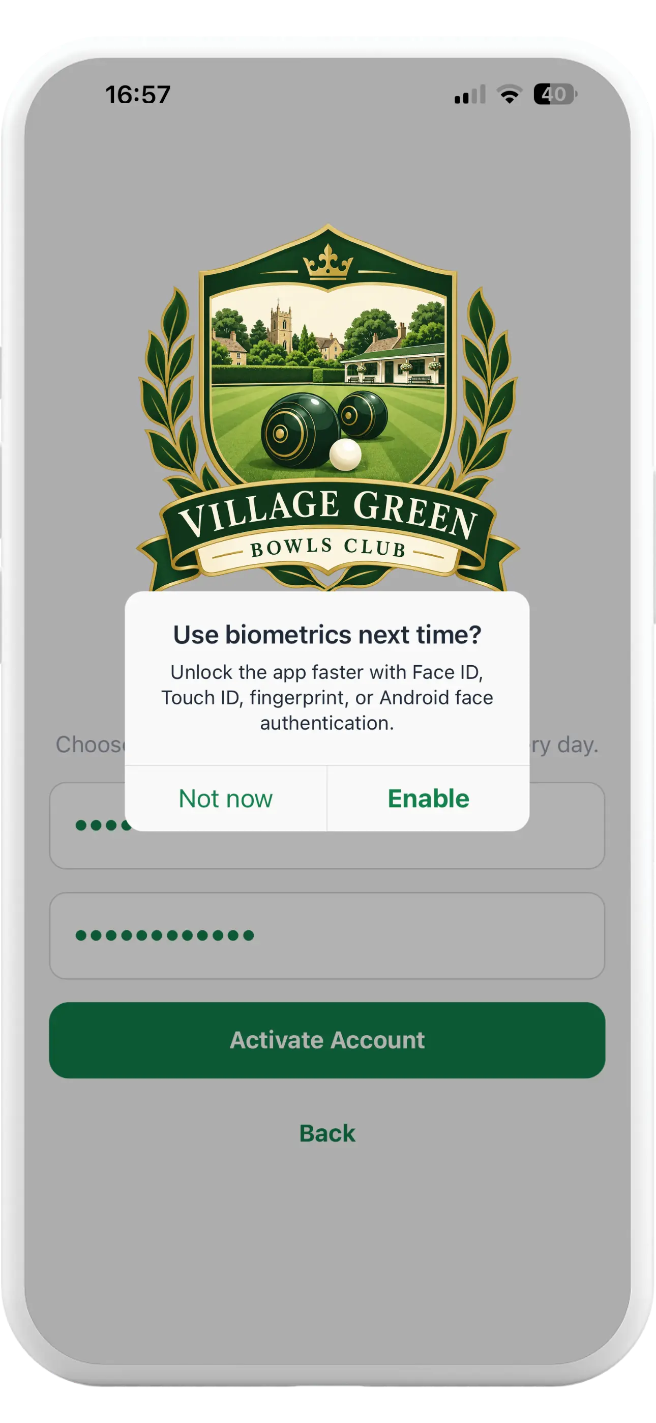 Tapa Membership App bowls club biometric sign-in prompt