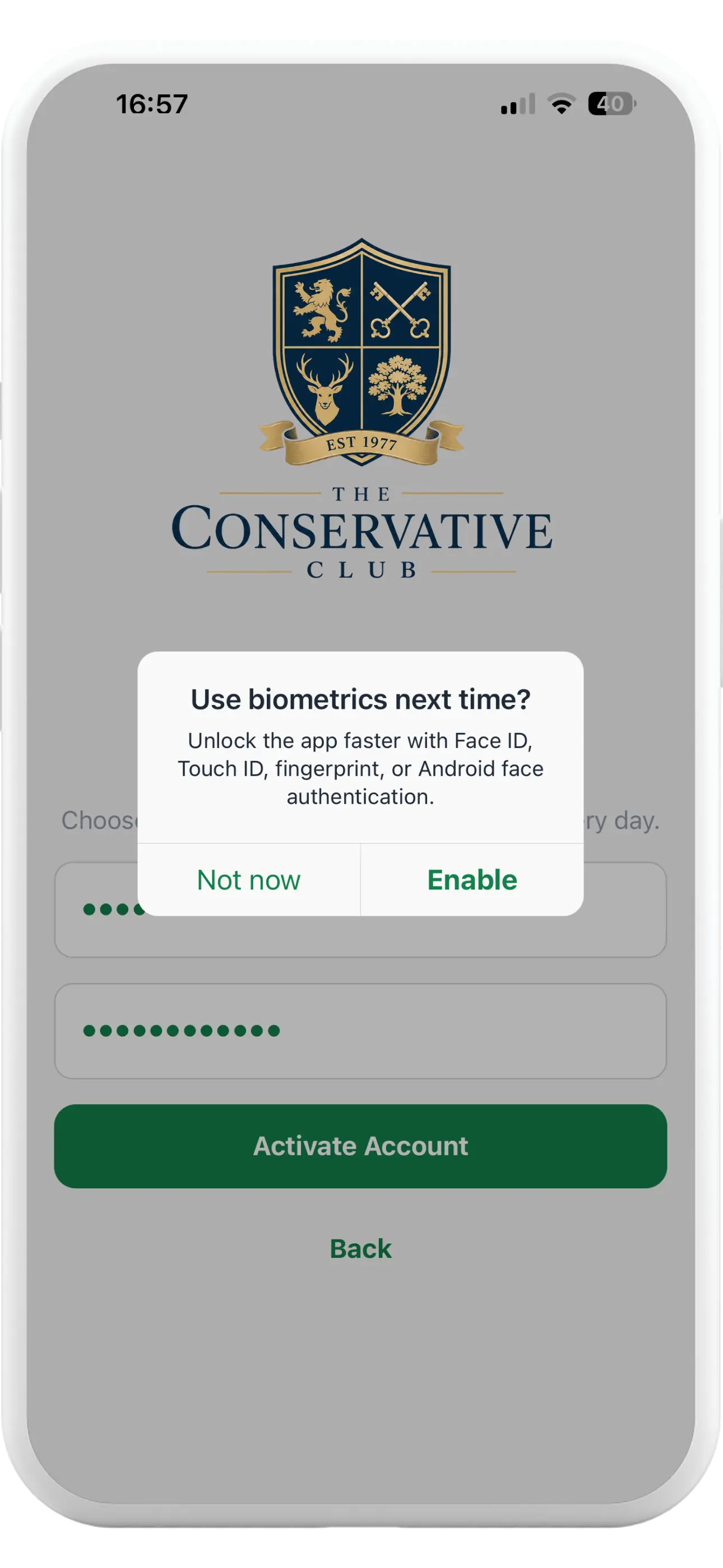 Tapa Membership App Conservative Club biometric sign-in prompt