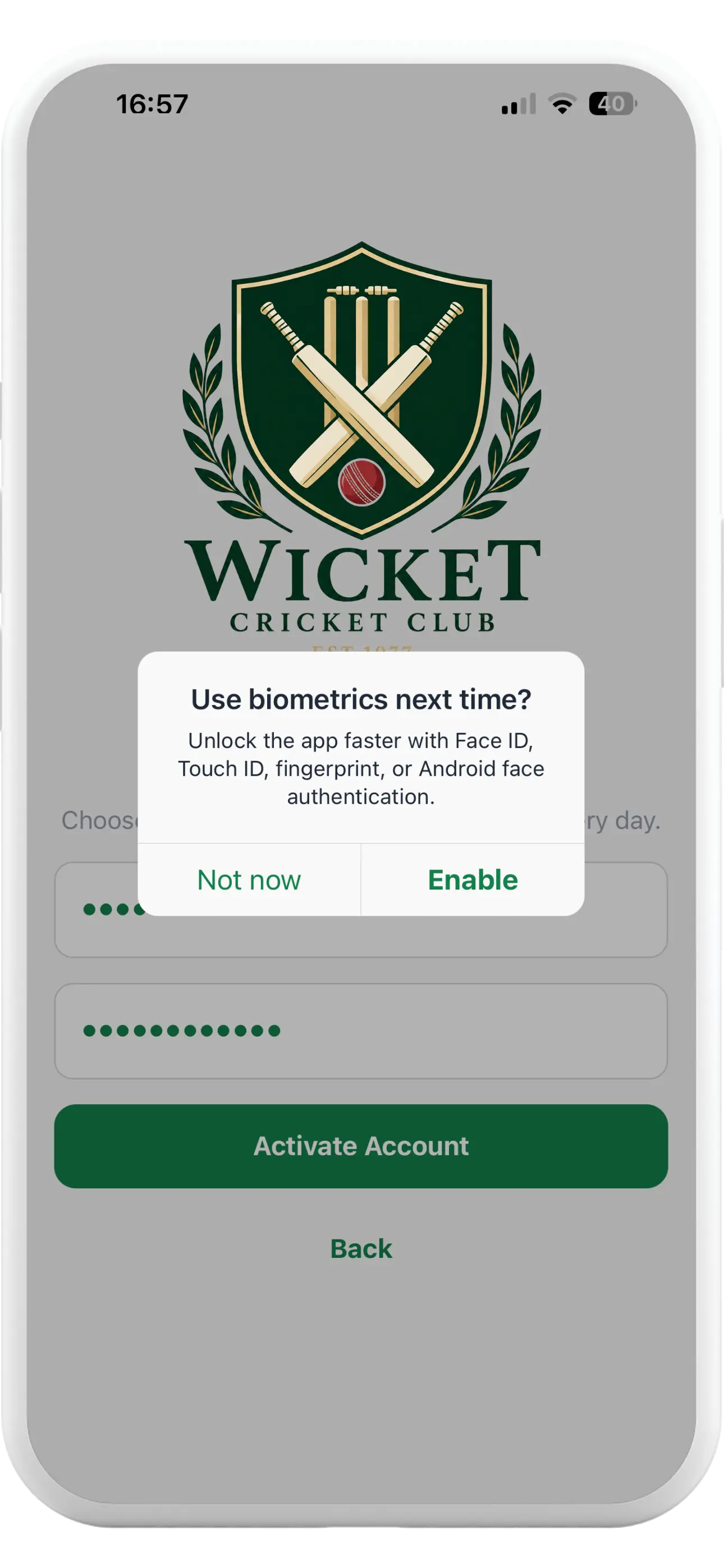 Tapa Membership App cricket club biometric sign-in prompt