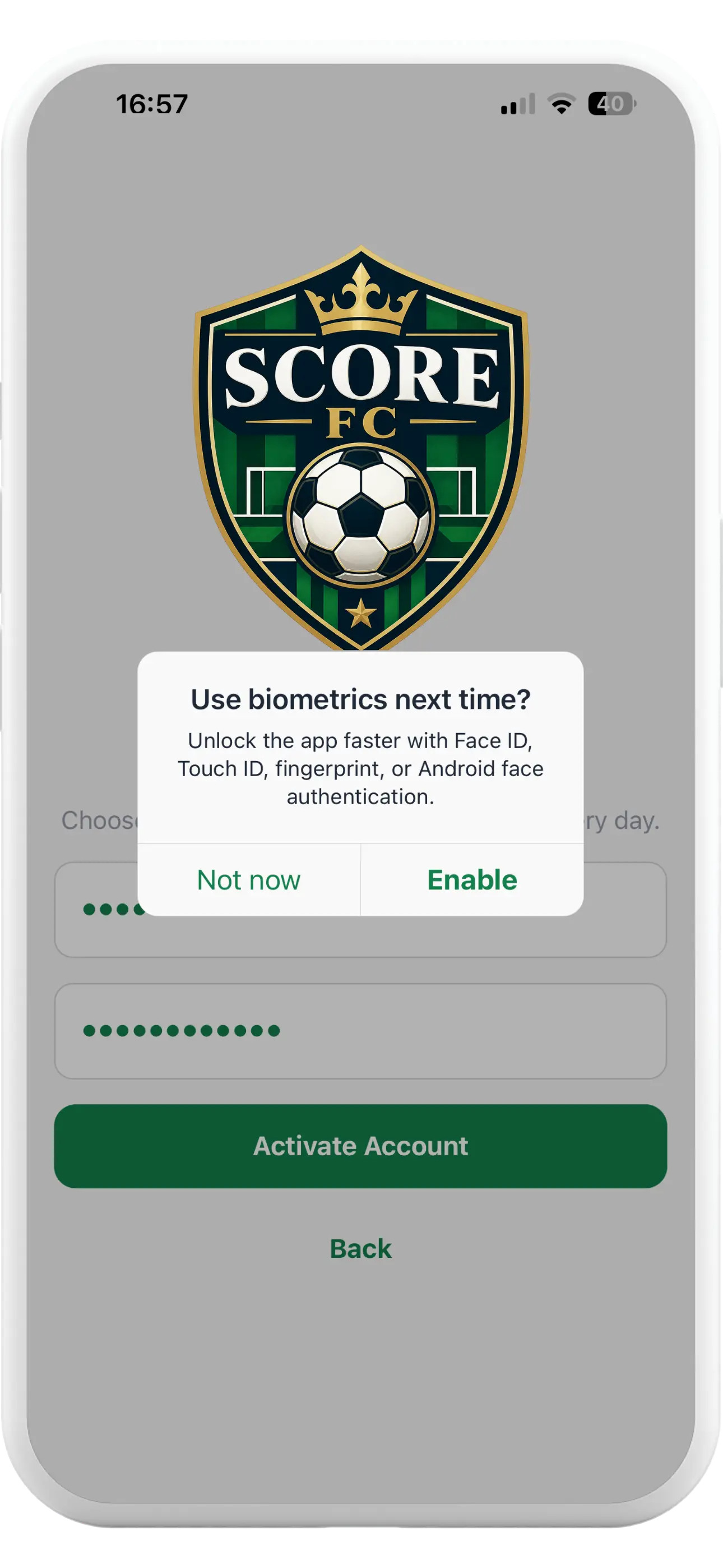 Tapa Membership App football club biometric sign-in prompt