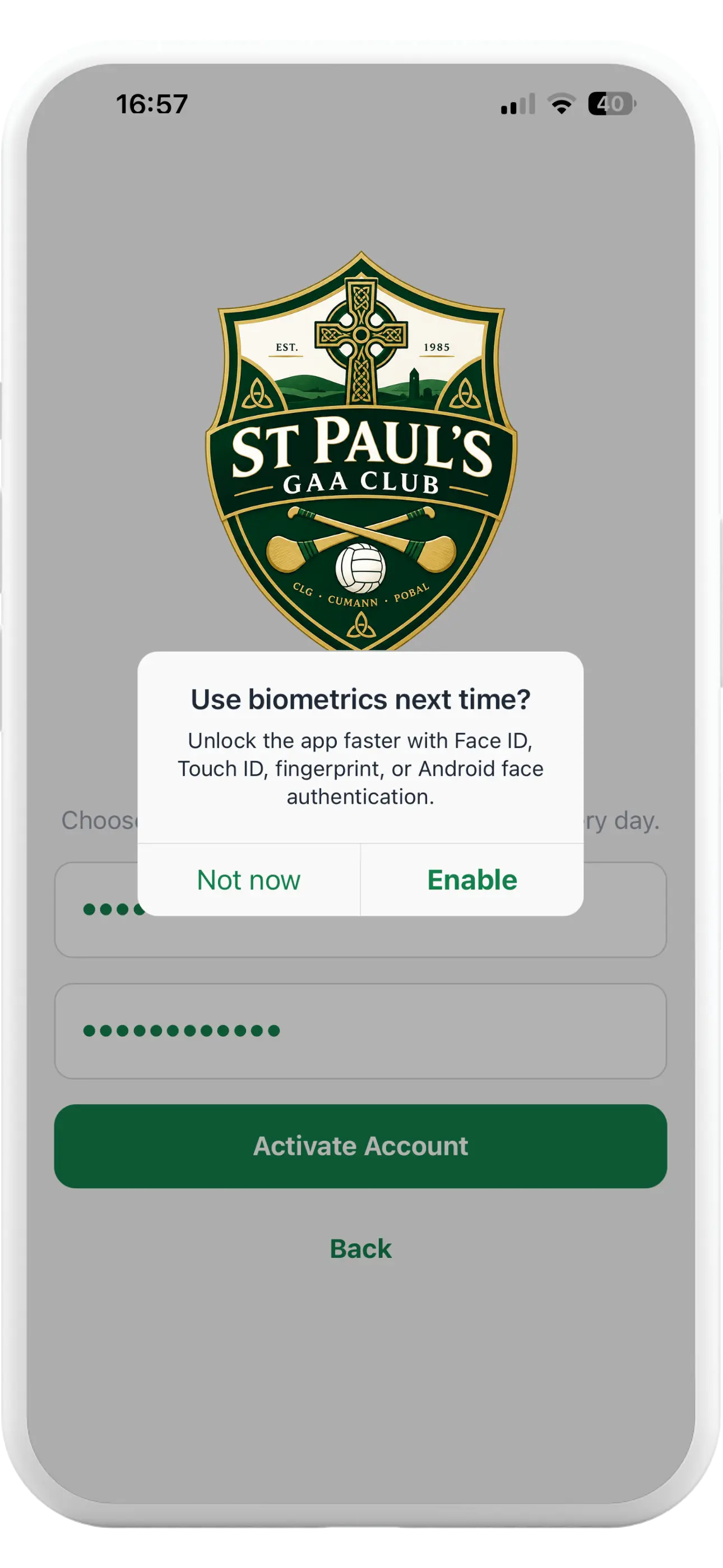 Tapa Membership App GAA club biometric sign-in prompt