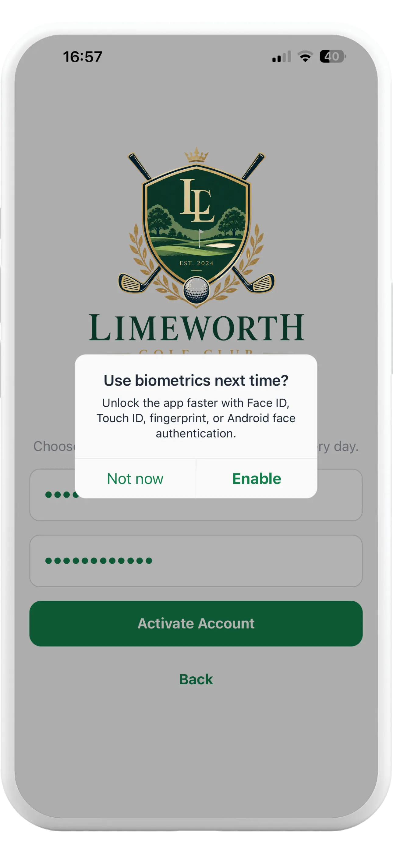Tapa Membership App golf club biometric sign-in prompt