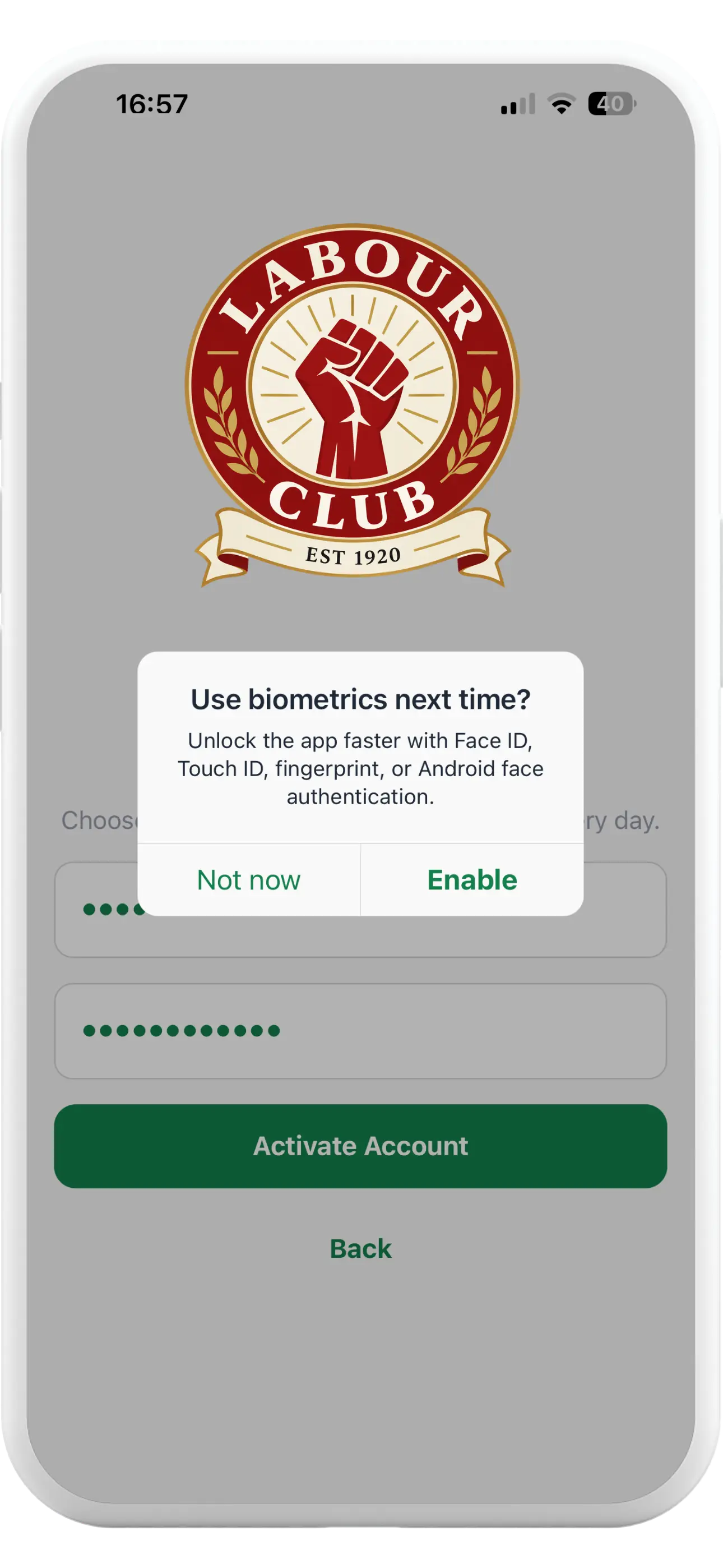 Tapa Membership App Labour Club biometric sign-in prompt