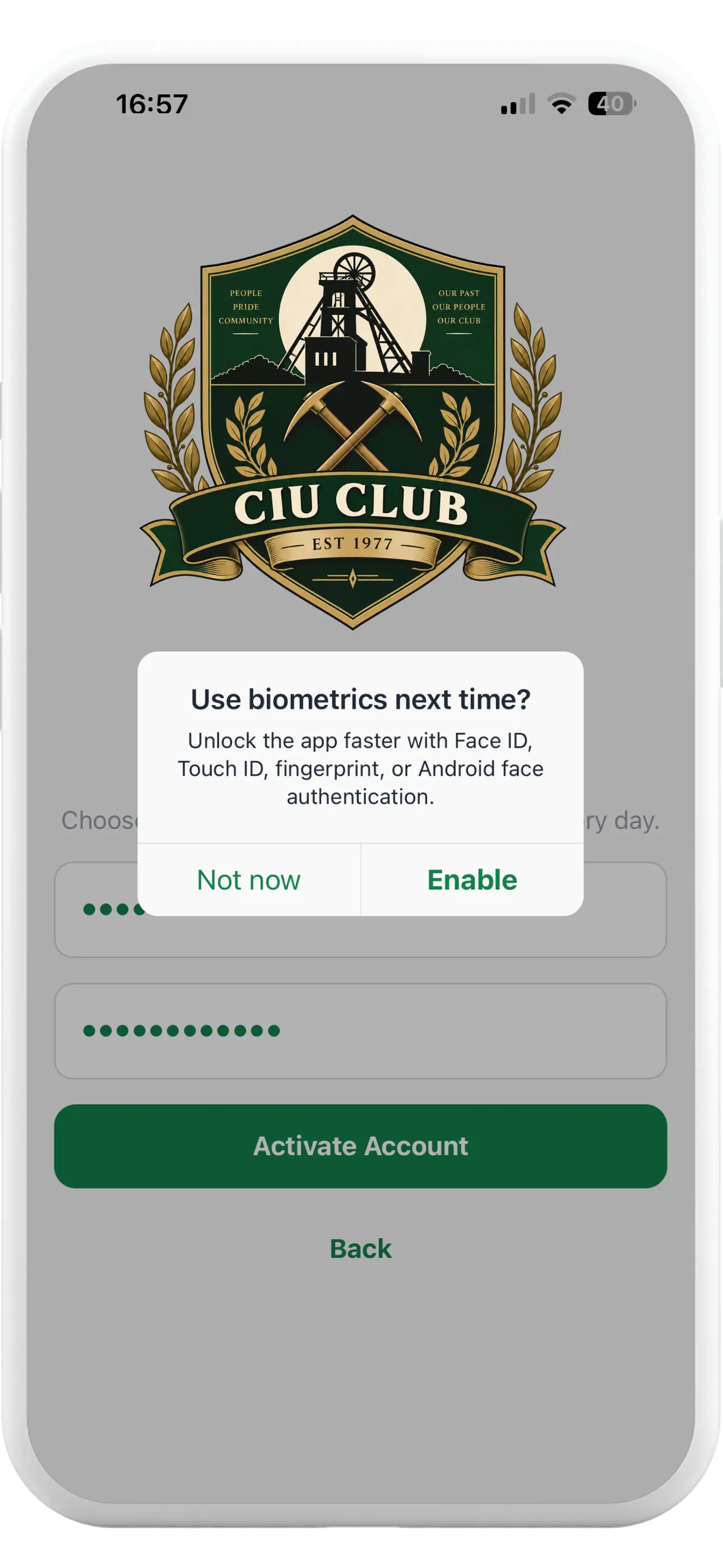 Tapa Membership App CIU Club biometric sign-in prompt