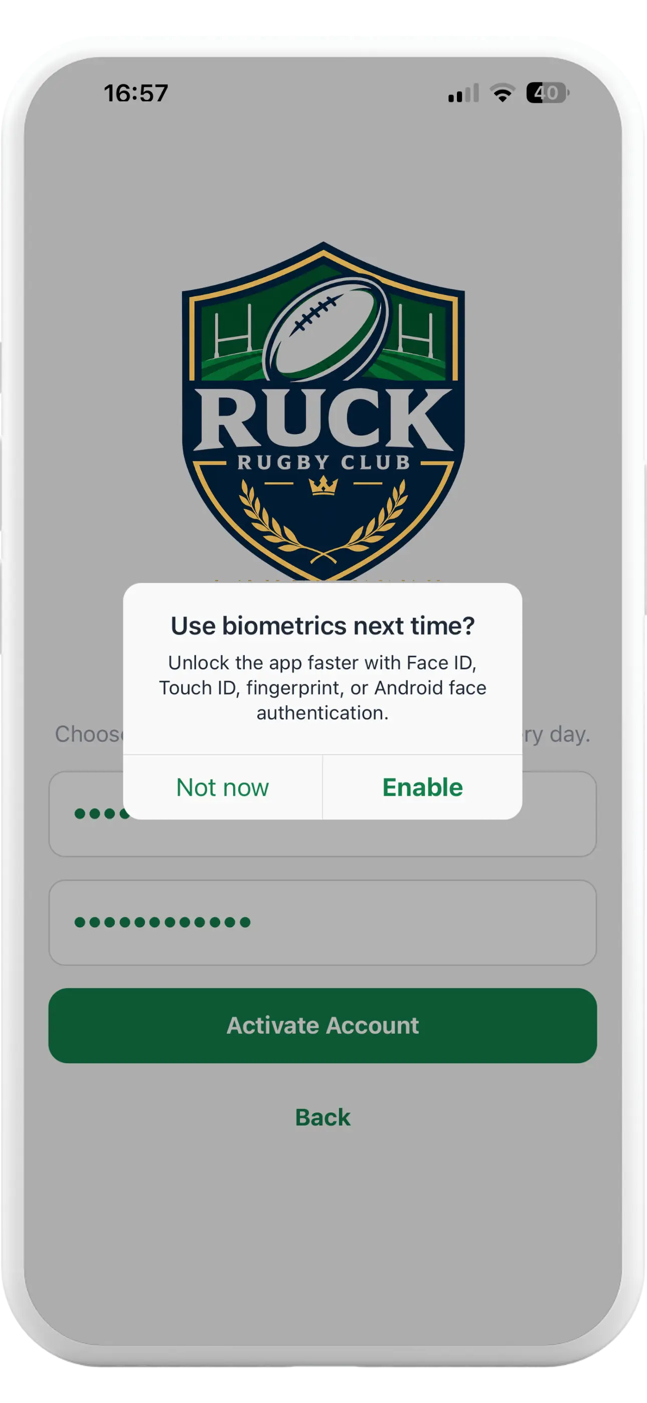 Tapa Membership App rugby club biometric sign-in prompt