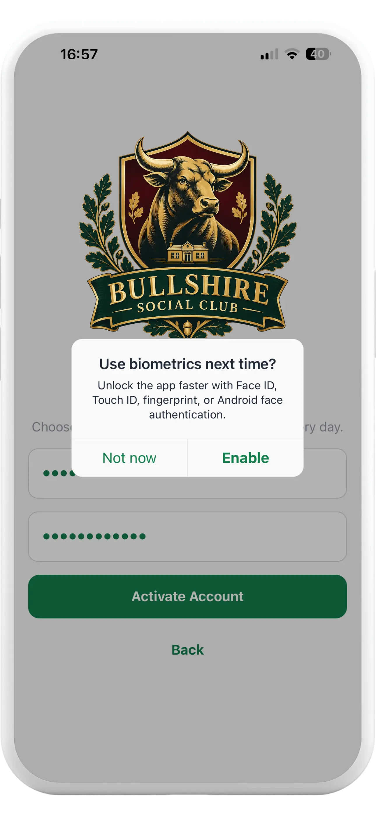 Tapa Membership App working men's club biometric sign-in prompt