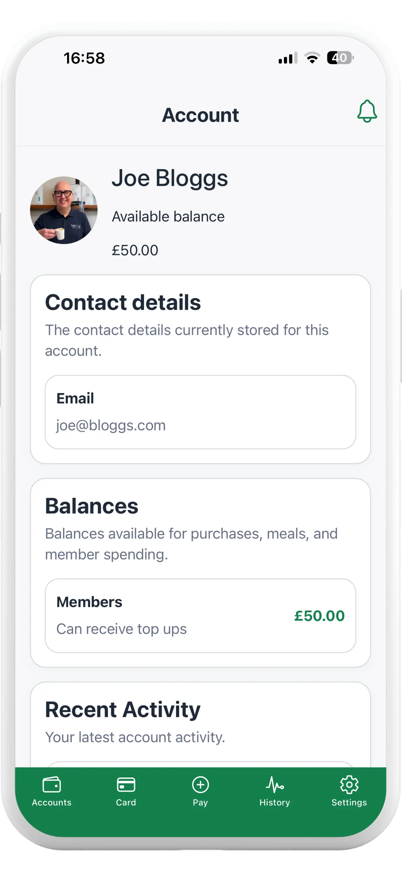 Tapa Membership App account details screen showing member contact details and balances