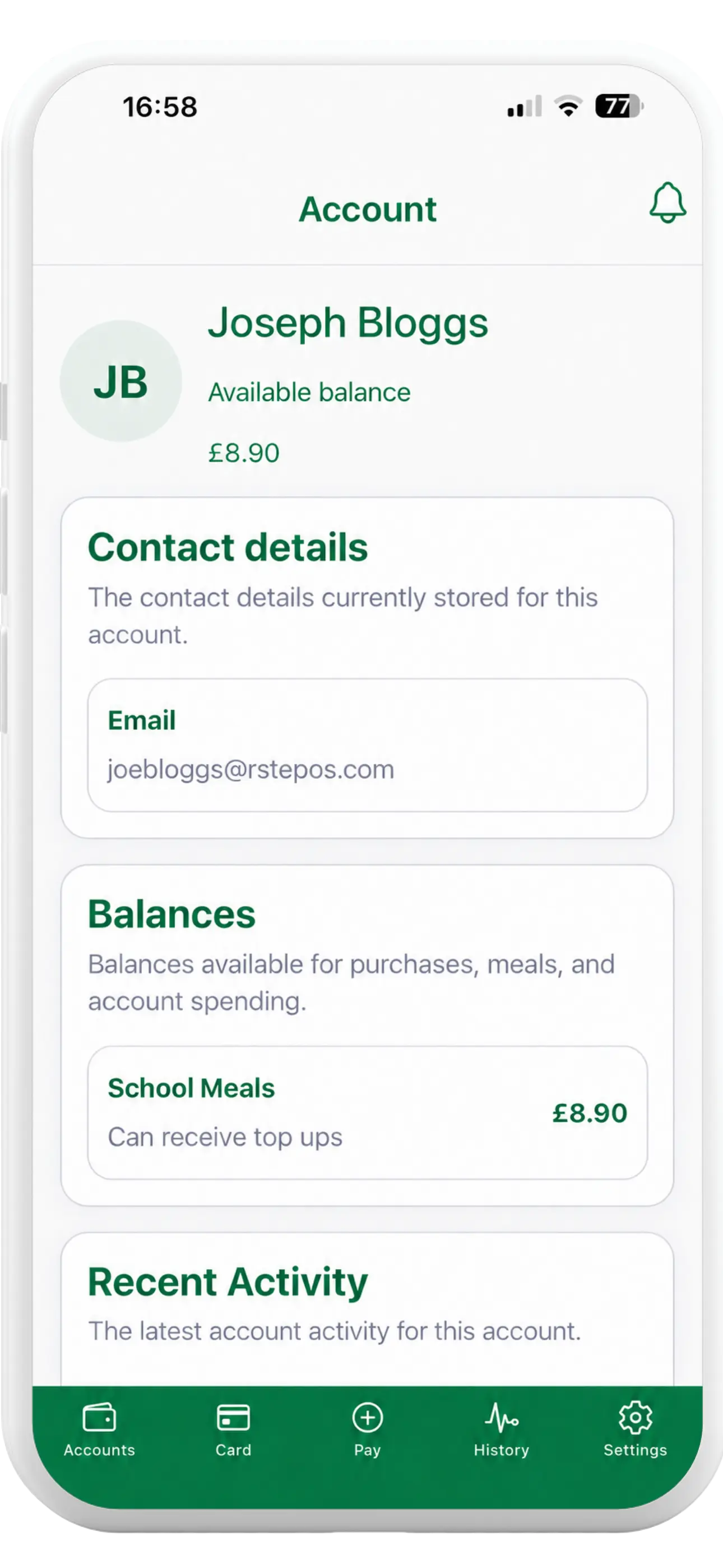Tapa Cashless App account details screen showing the student balance