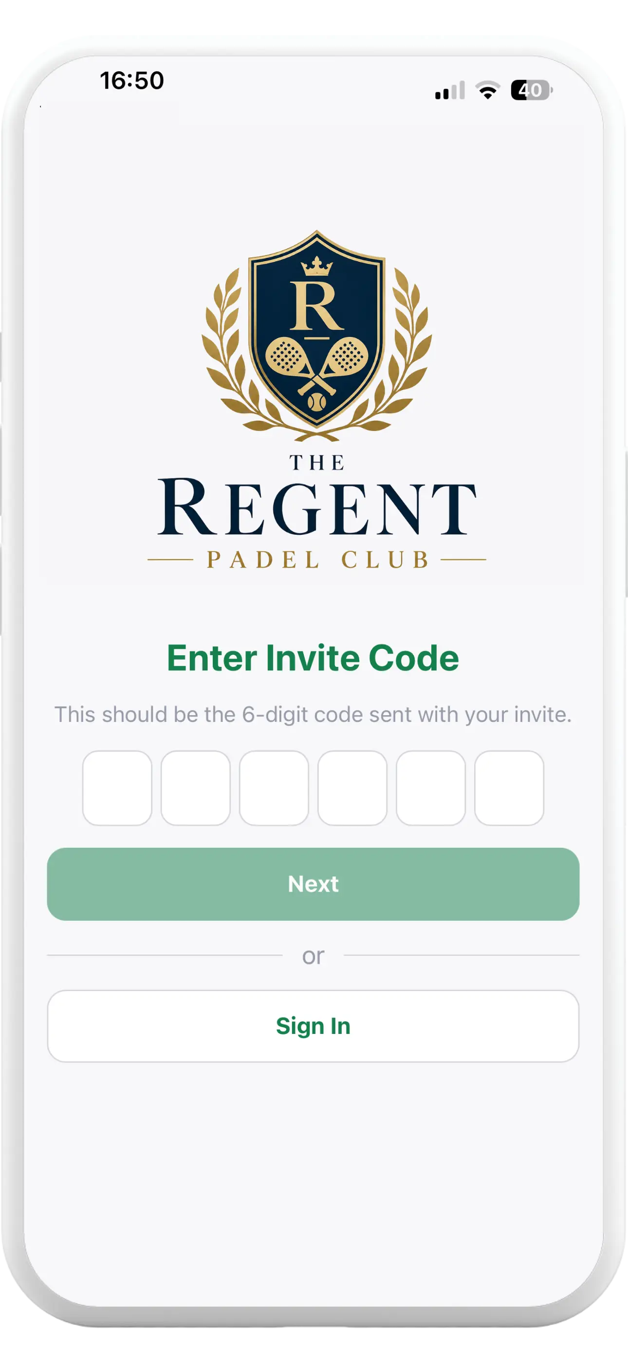 Tapa Membership App invitation code screen for activating a school account