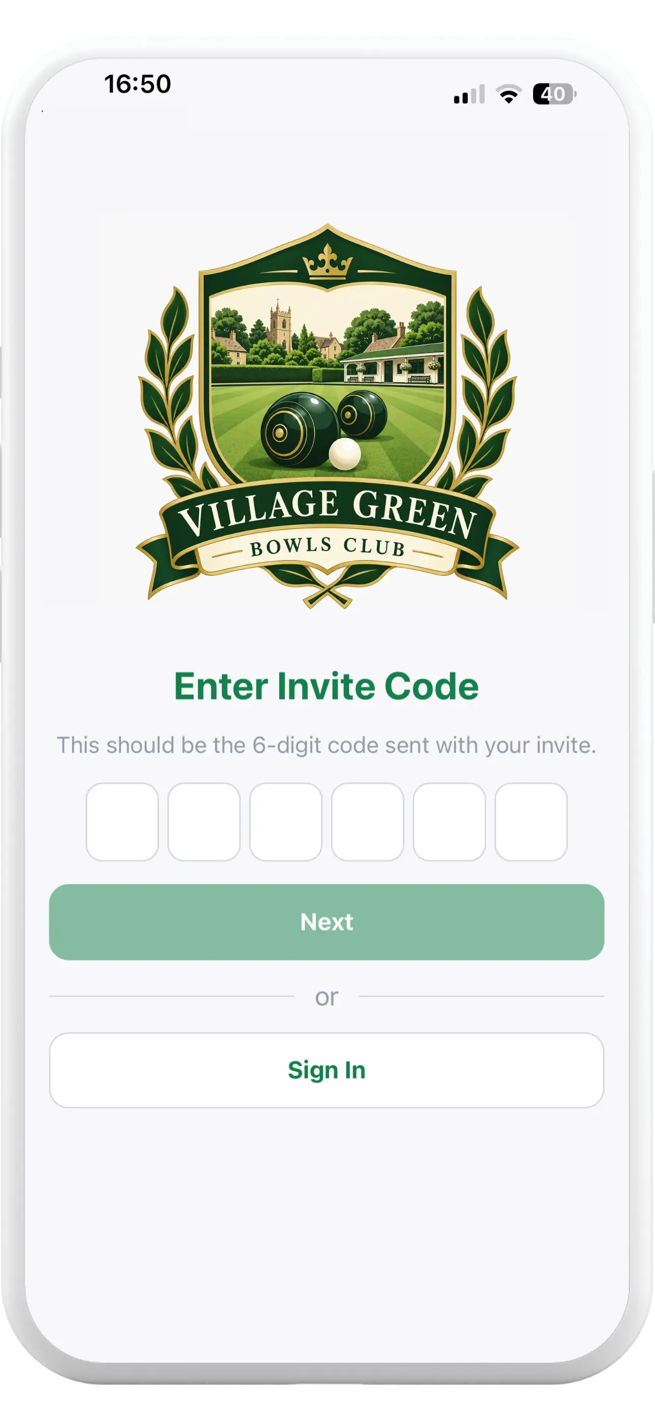 Tapa Membership App bowls club invite code screen for activating a member account