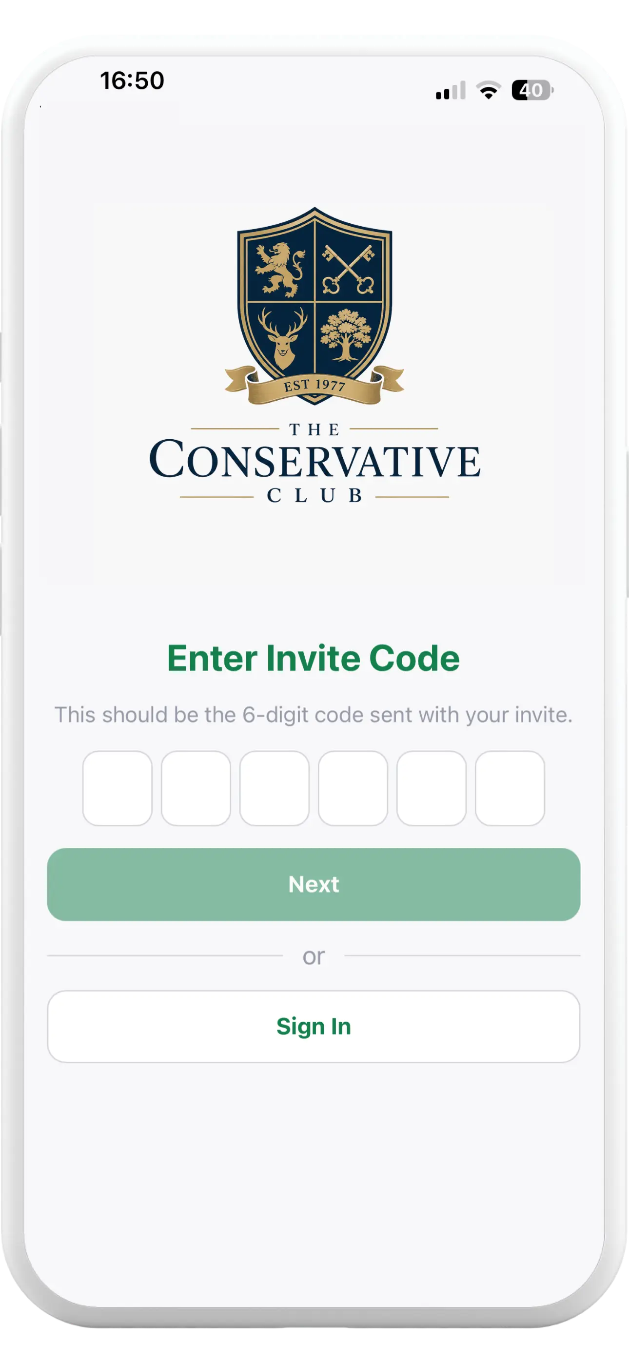Tapa Membership App Conservative Club invite code screen for activating a member account
