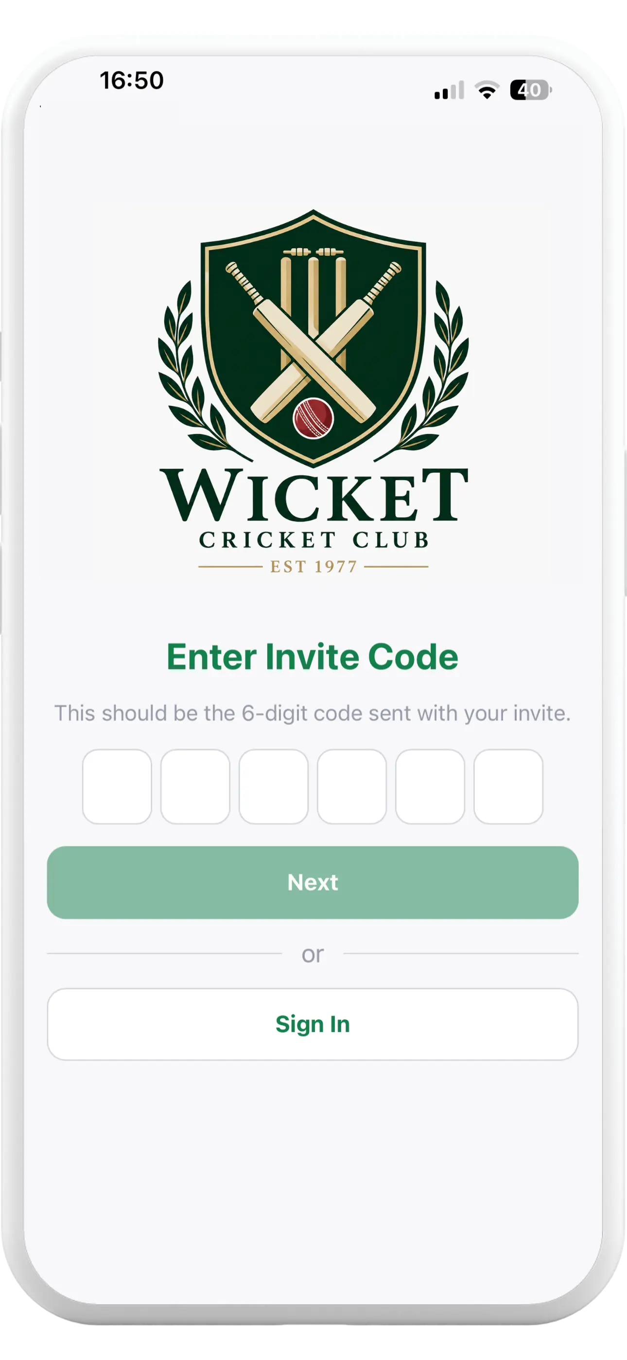 Tapa Membership App cricket club invite code screen for activating a member account