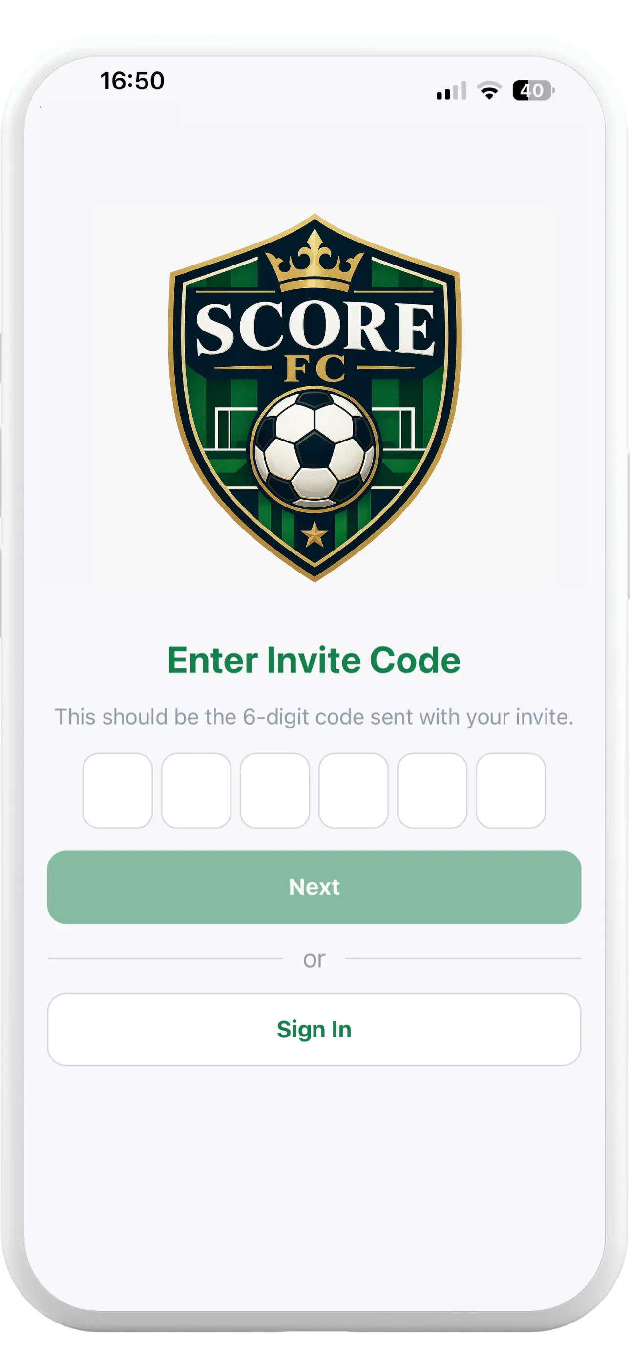 Tapa Membership App football club invite code screen for activating a member account