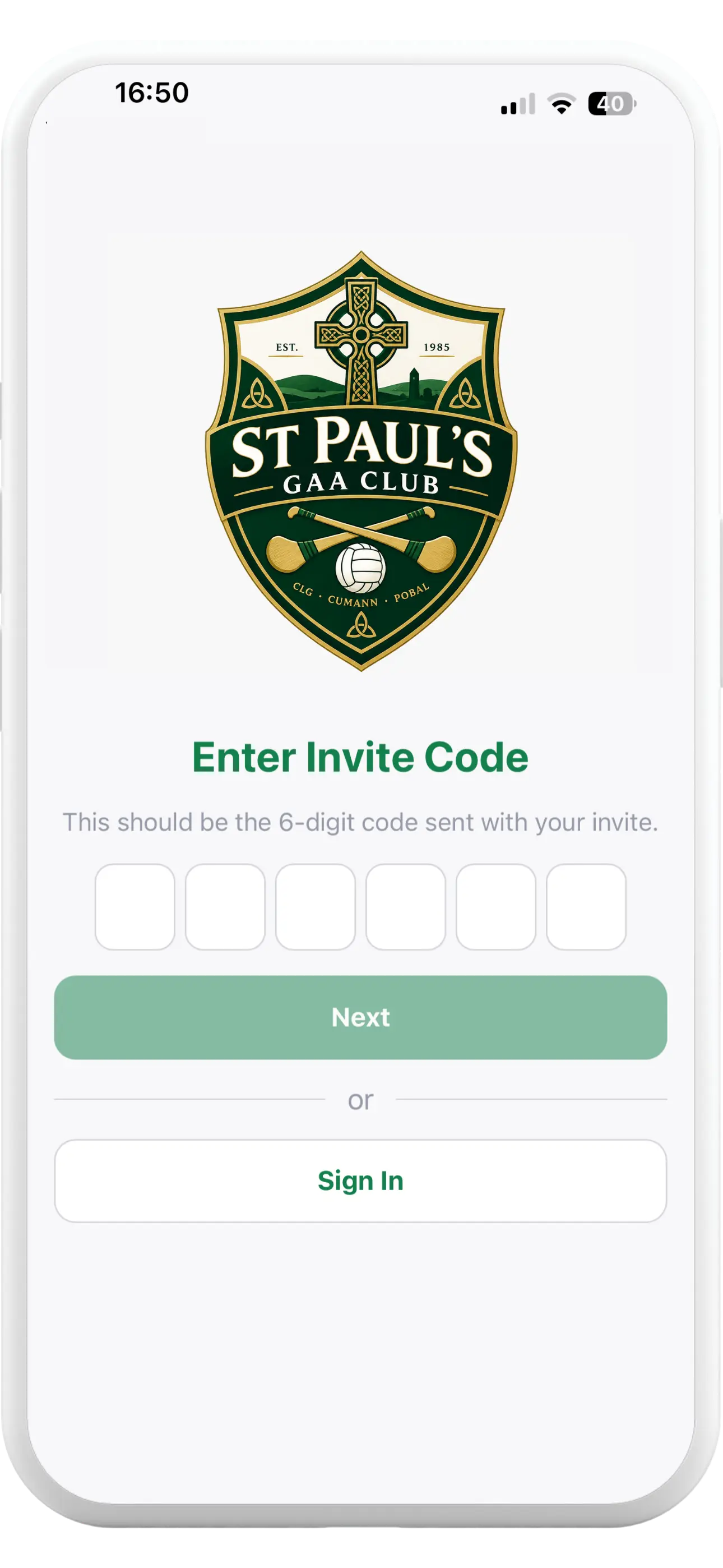 Tapa Membership App GAA club invite code screen for activating a member account