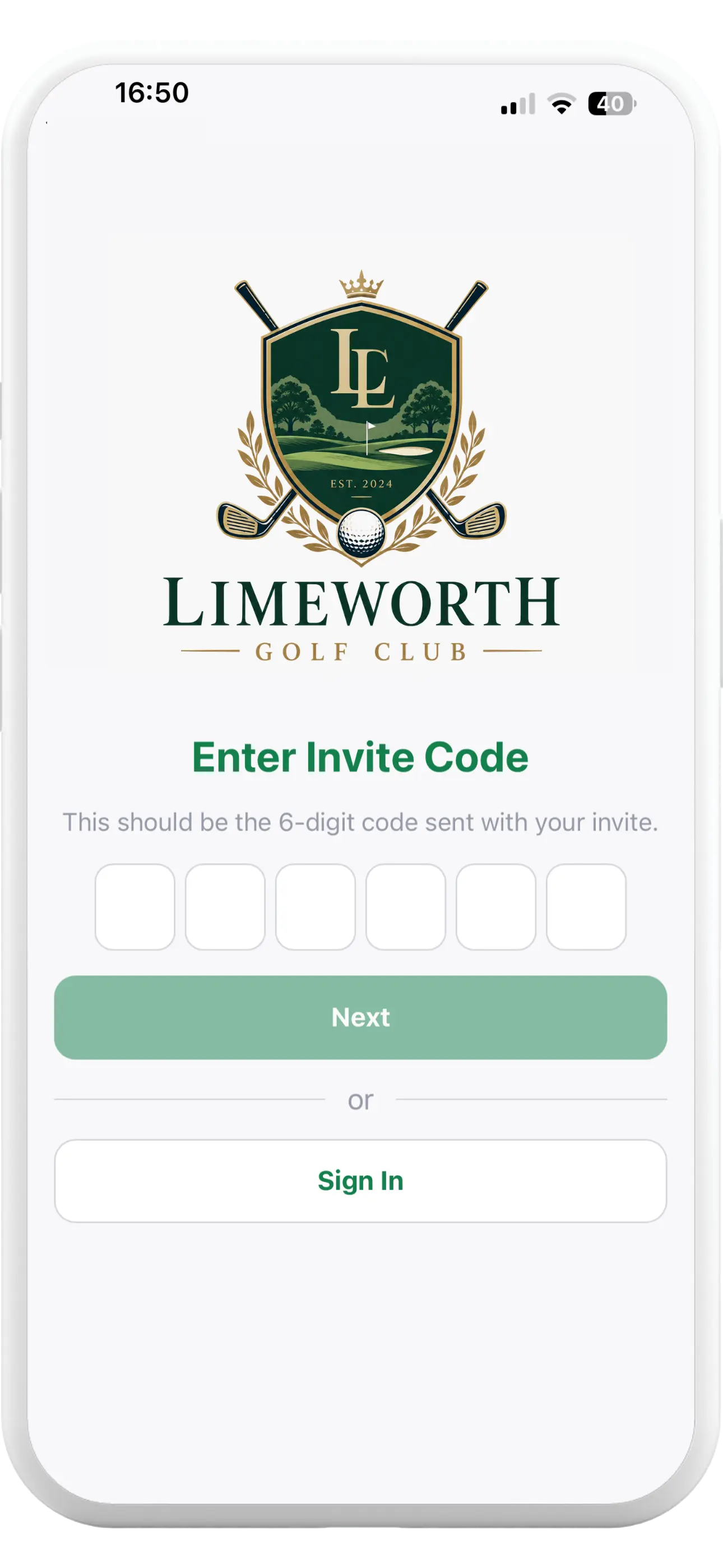 Tapa Membership App golf club invite code screen for activating a member account