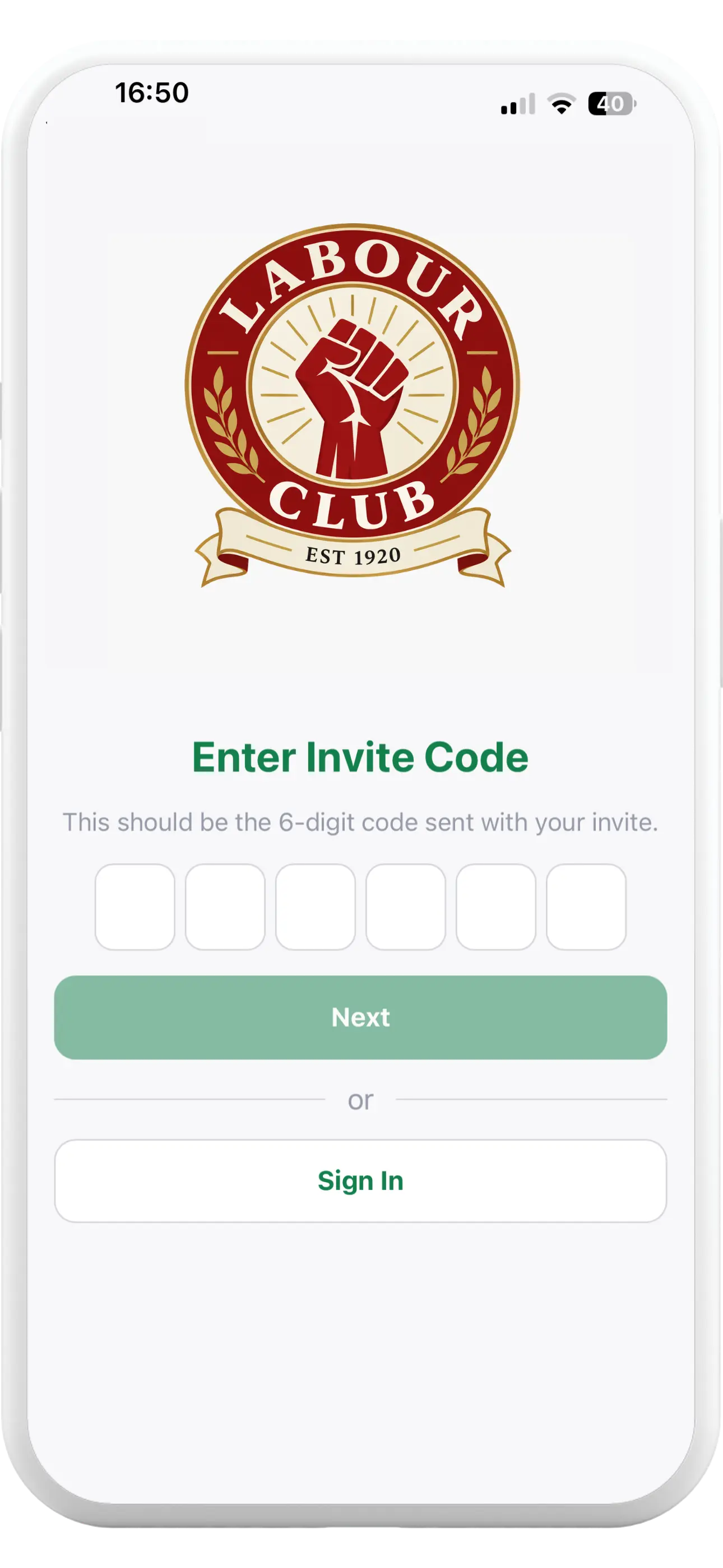 Tapa Membership App Labour Club invite code screen for activating a member account