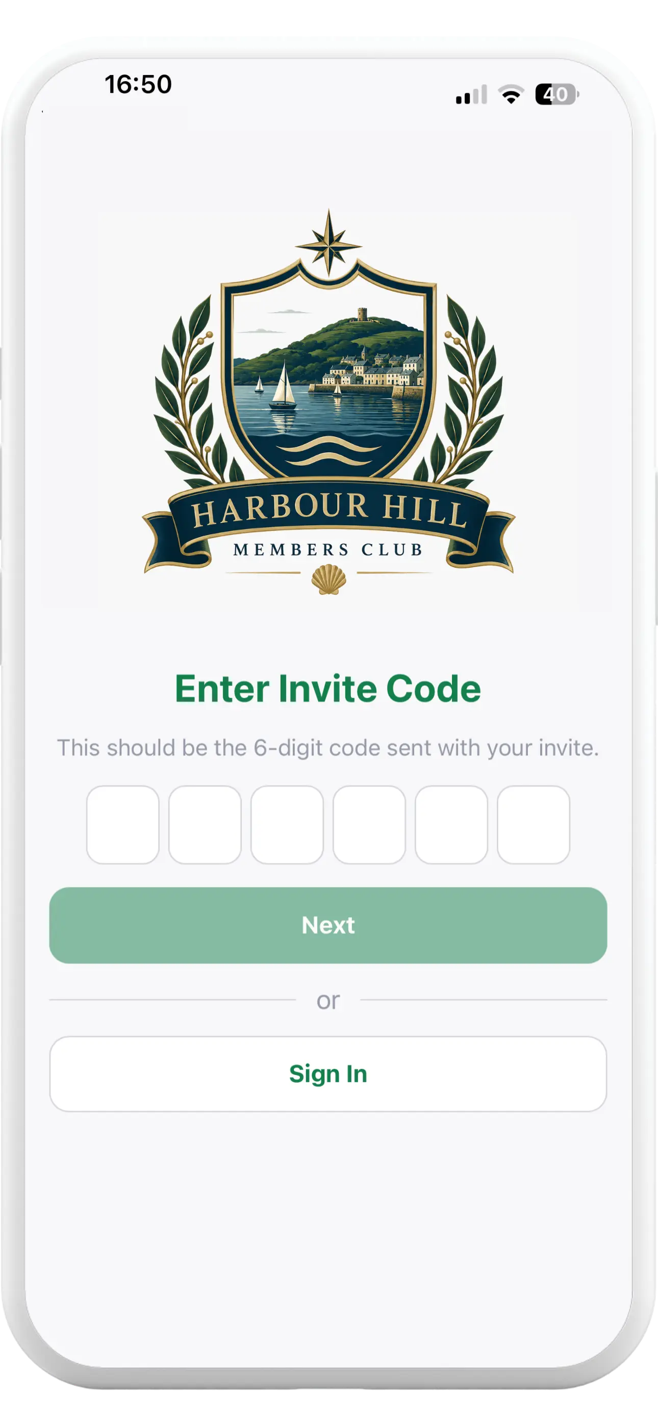 Tapa Membership App private members club invite code screen for activating a member account