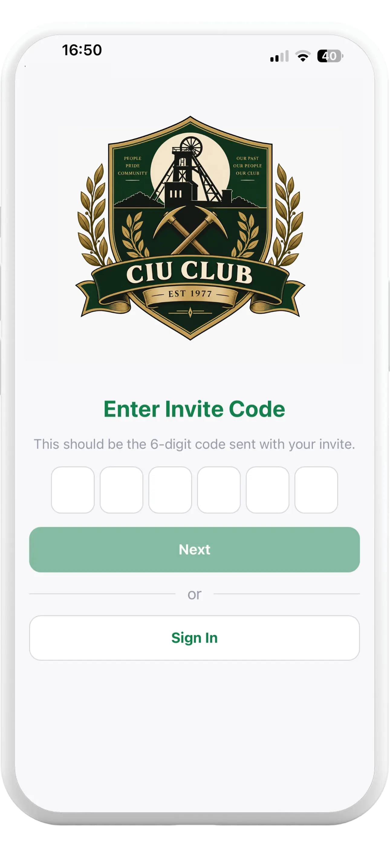 Tapa Membership App CIU Club invite code screen for activating a member account