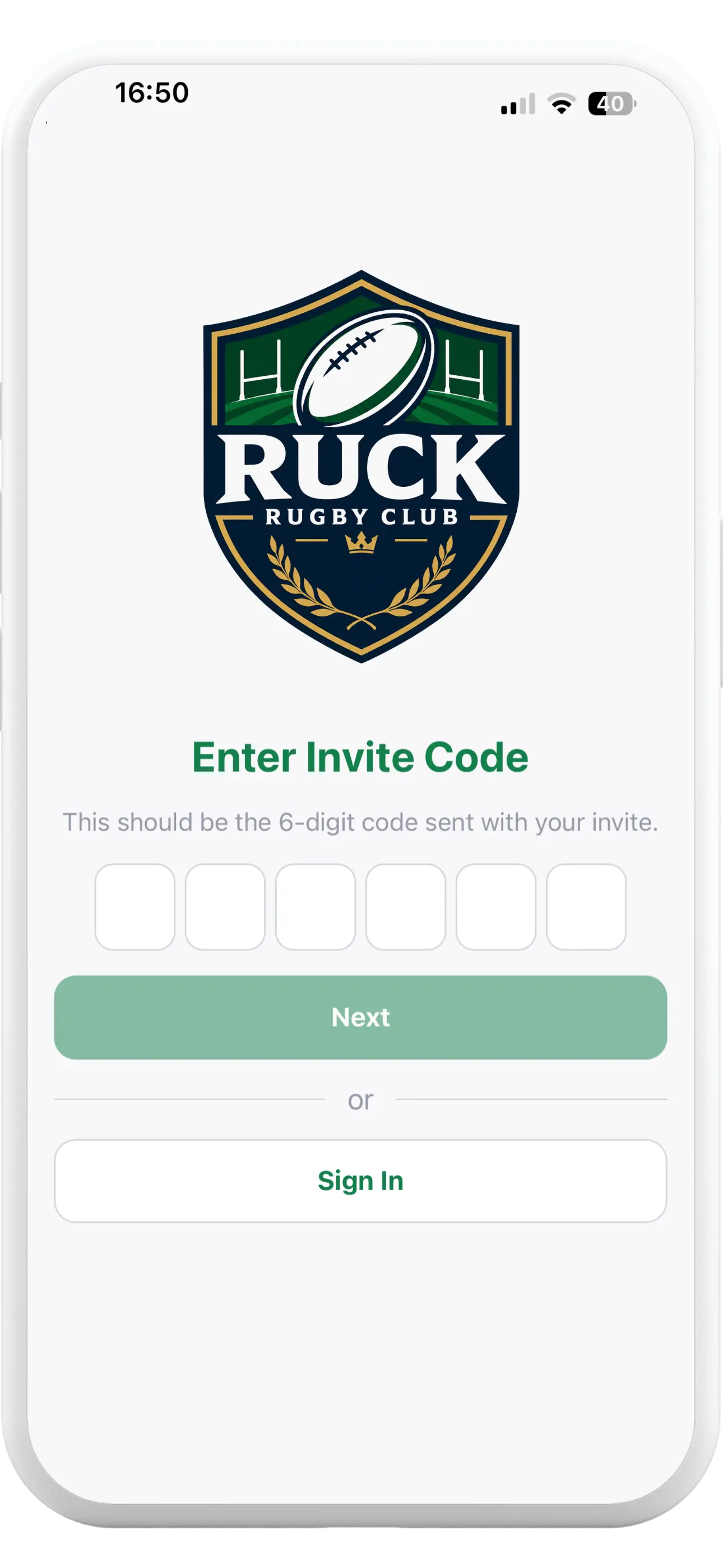 Tapa Membership App rugby club invite code screen for activating a member account