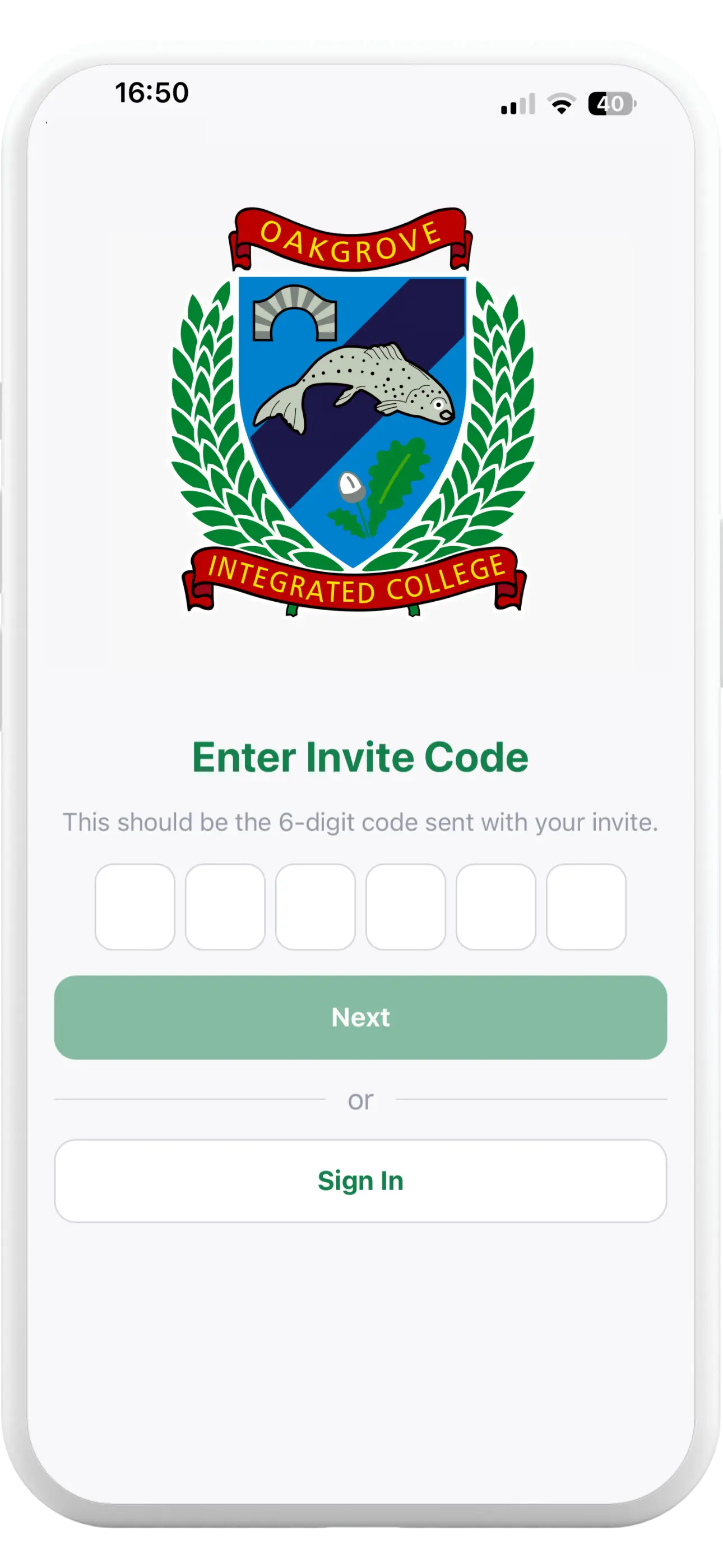 Tapa Cashless App invitation code screen for activating a student account