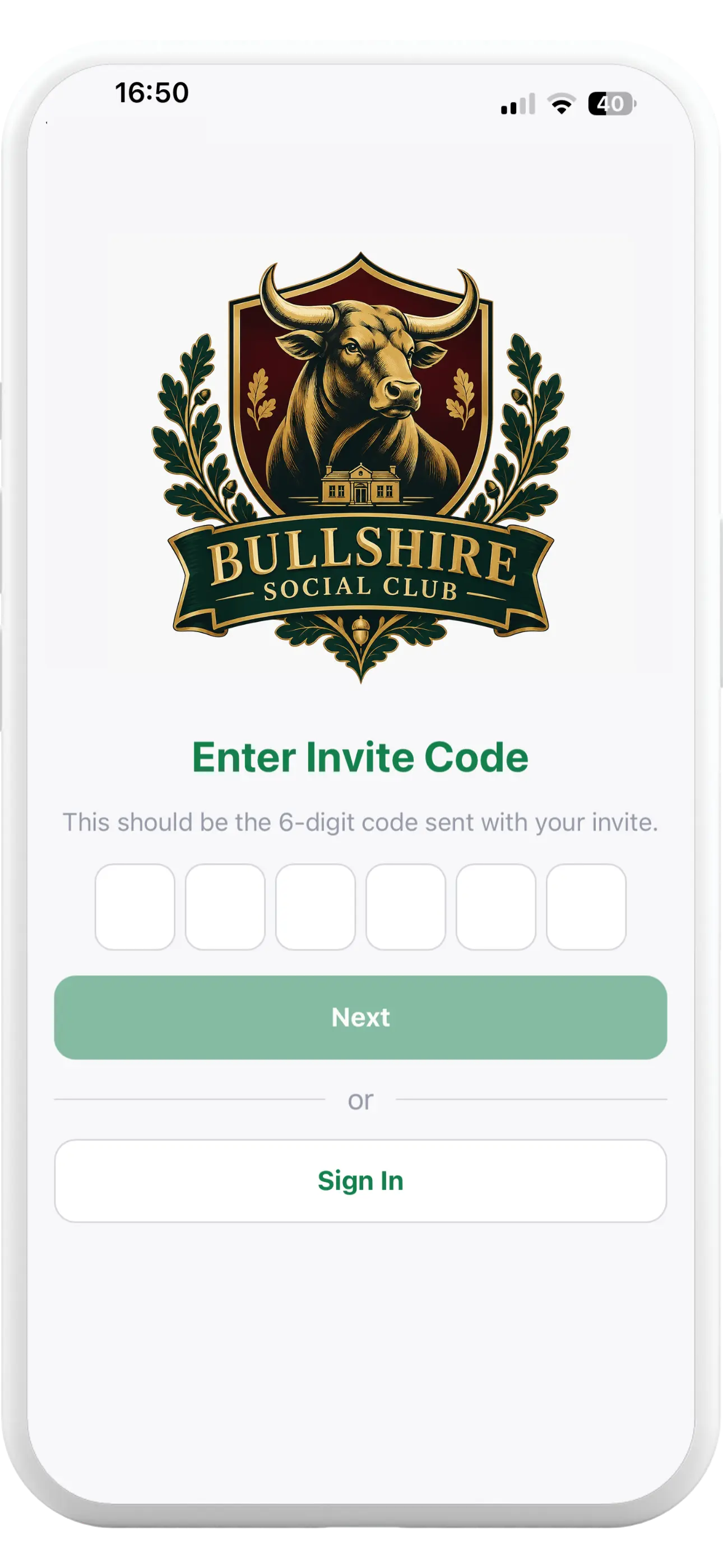 Tapa Membership App working men's club invite code screen for activating a member account