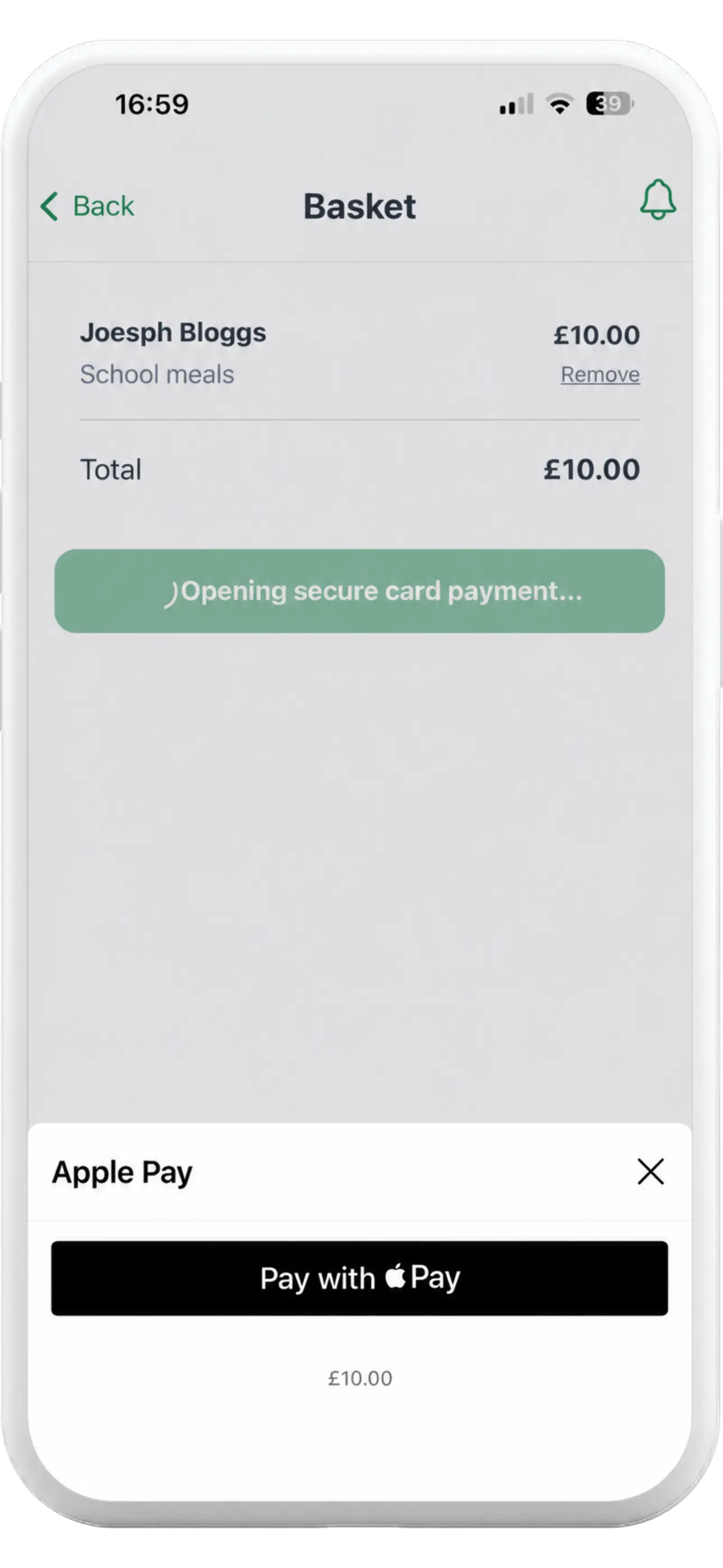 Tapa Cashless App payment screen for completing a student account top-up