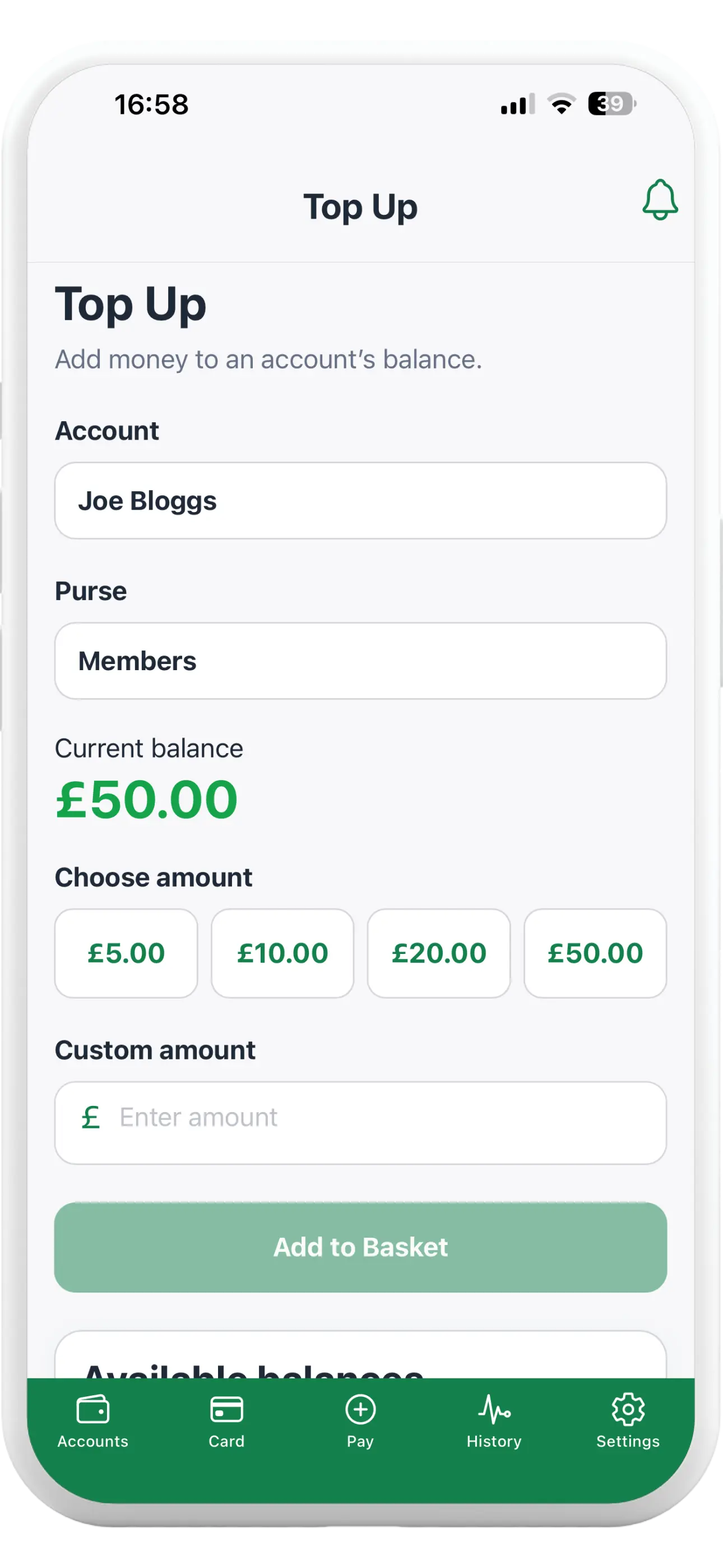 Tapa Membership App top-up screen showing purse balance and preset amounts