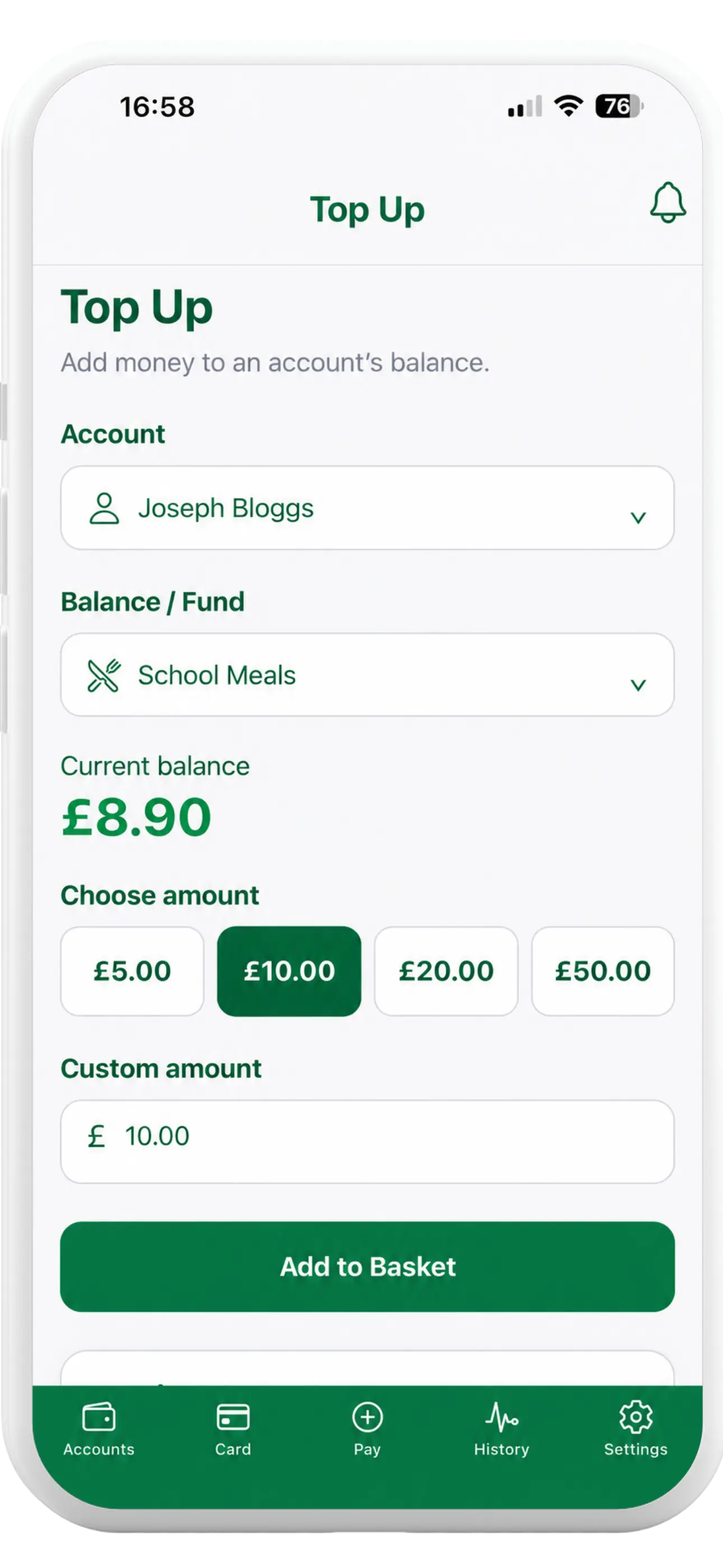 Tapa Cashless App student account top-up screen with preset amounts