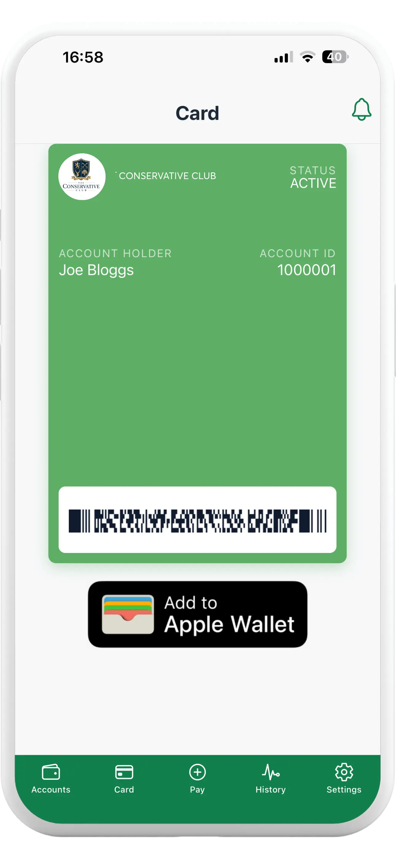 Tapa Membership App Conservative Club digital member card with Apple Wallet option