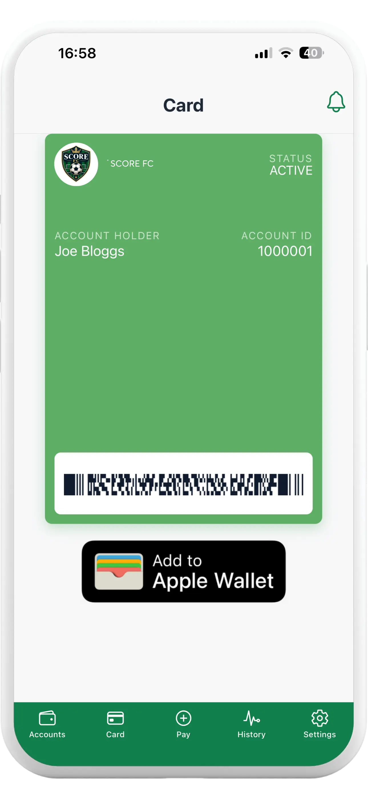 Tapa Membership App football club digital member card with Apple Wallet option
