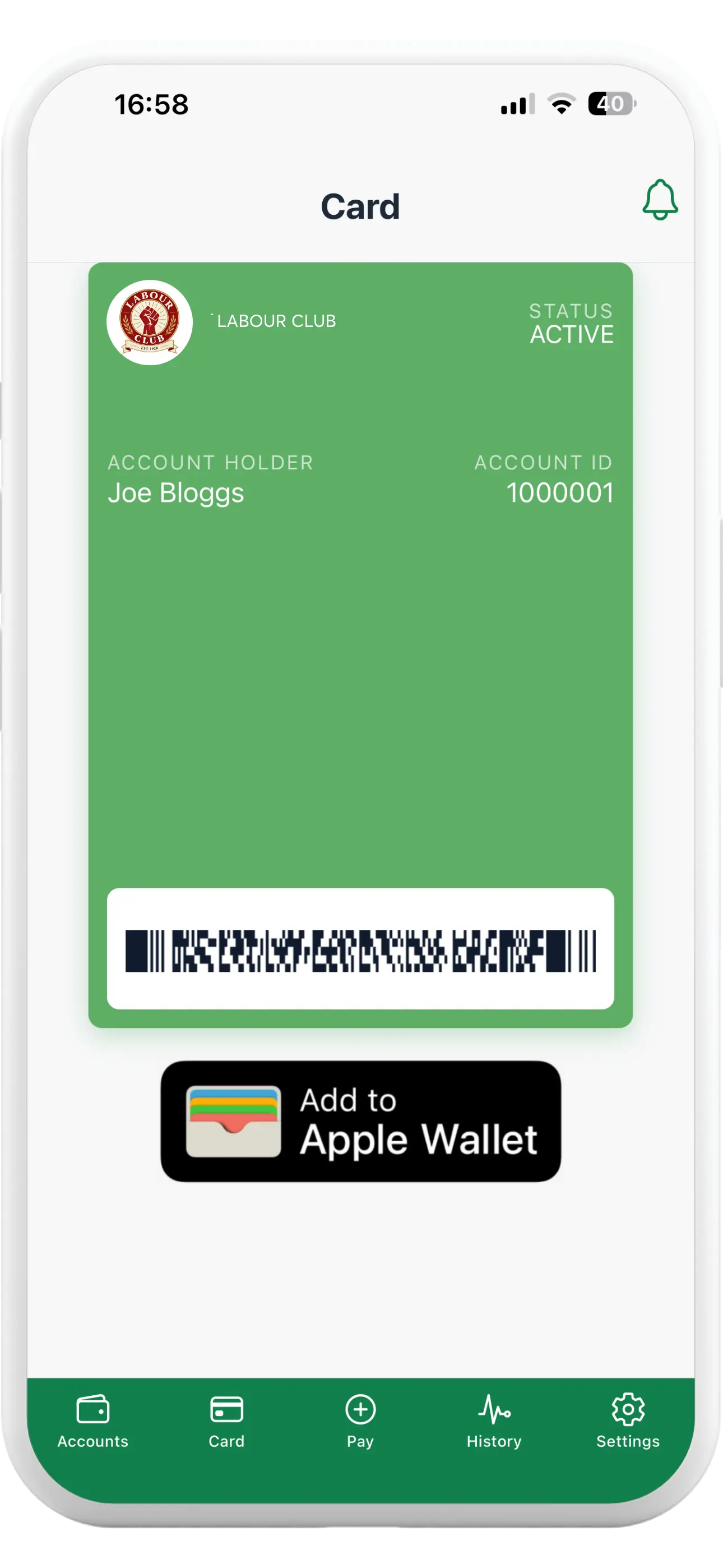 Tapa Membership App Labour Club digital member card with Apple Wallet option