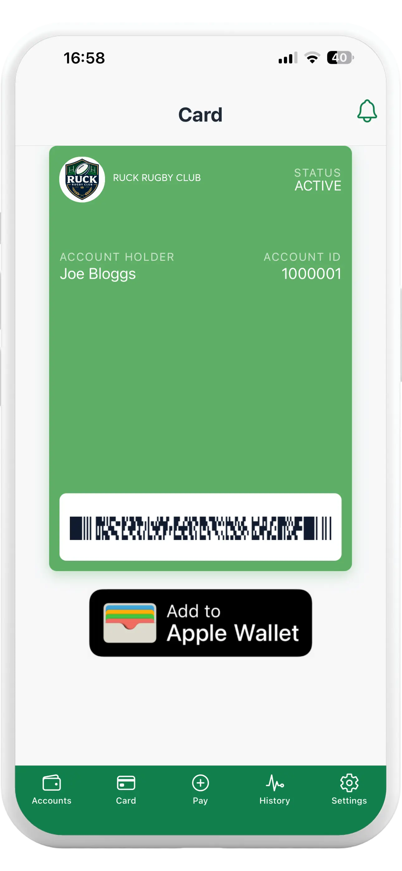 Tapa Membership App rugby club digital member card with Apple Wallet option
