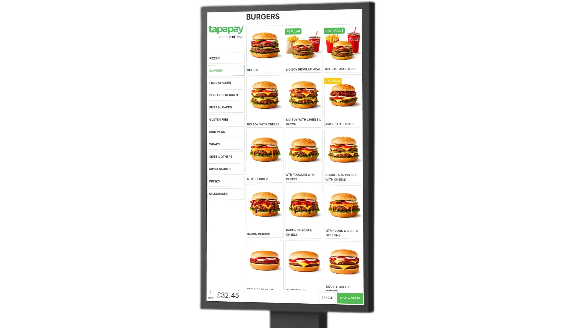Self-service kiosk burger ordering screen