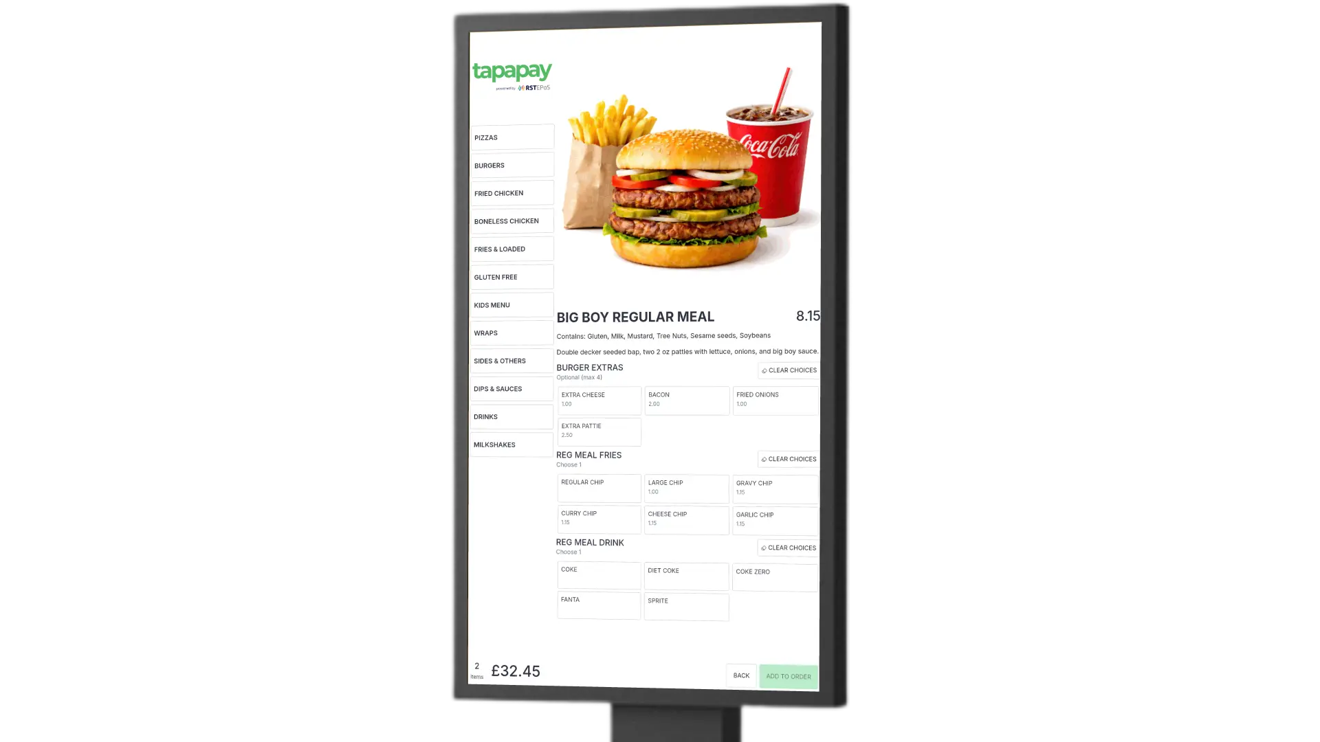 Self-service kiosk meal upgrade screen