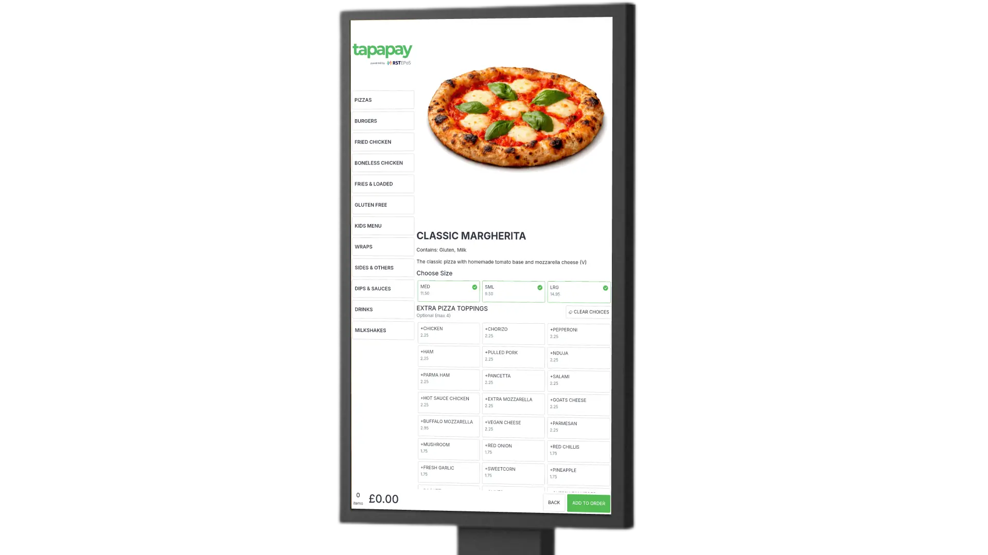 Self-service kiosk pizza modifier screen