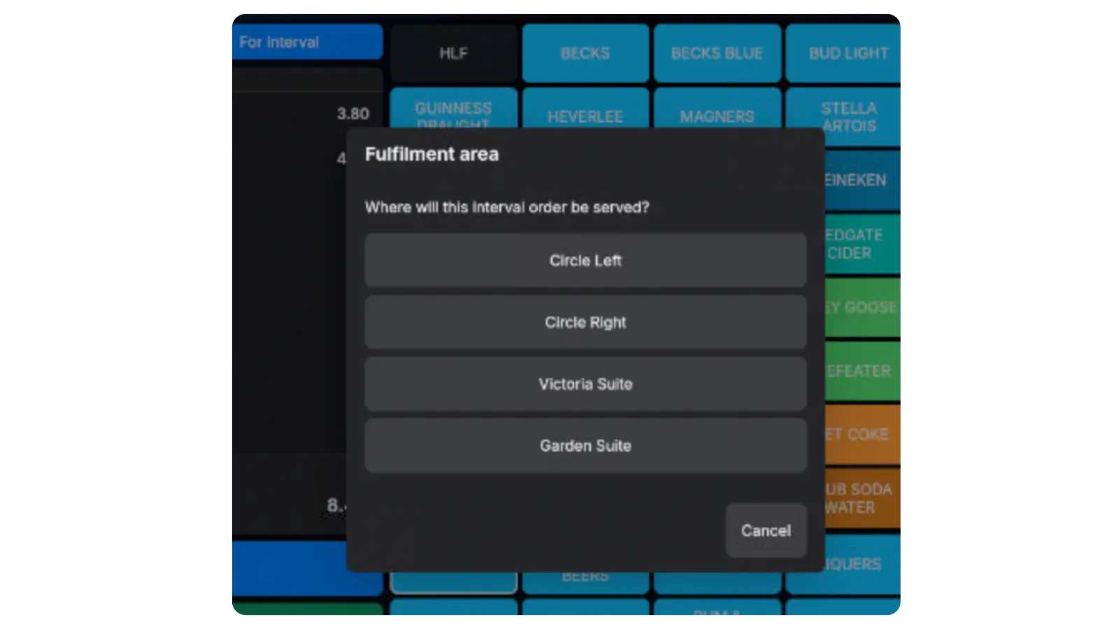 TapaPOS theatre interval fulfilment-area selection screen