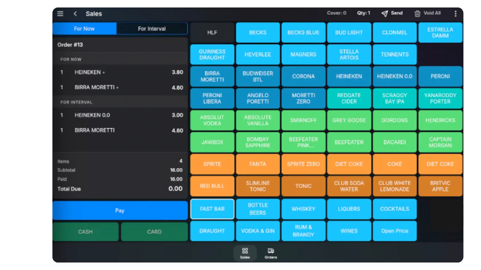 TapaPOS screen for taking advance theatre interval drink orders