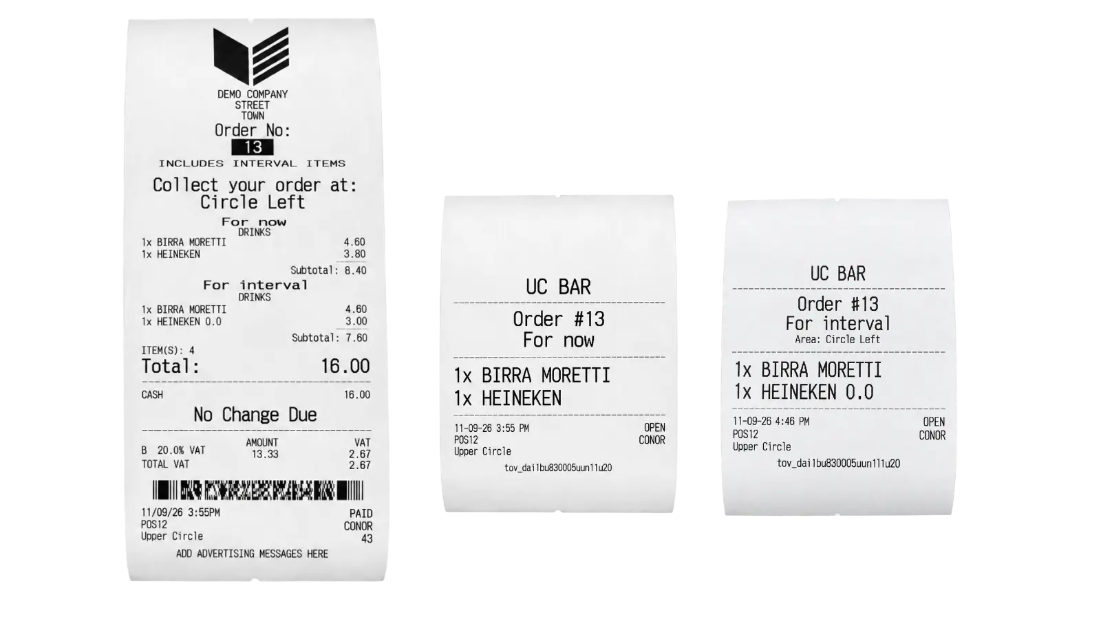 Customer and preparation receipts for a theatre interval drinks order