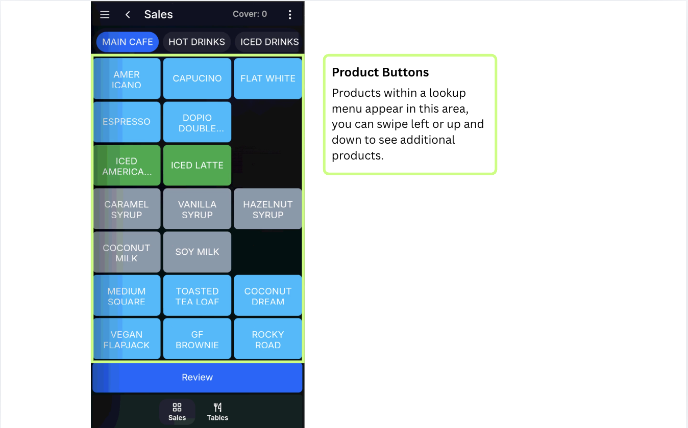 TapaGo app screen showing product buttons for the selected lookup menu.