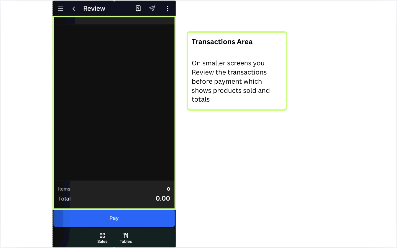 TapaGo app Review screen showing the transaction area before payment or saving an order.