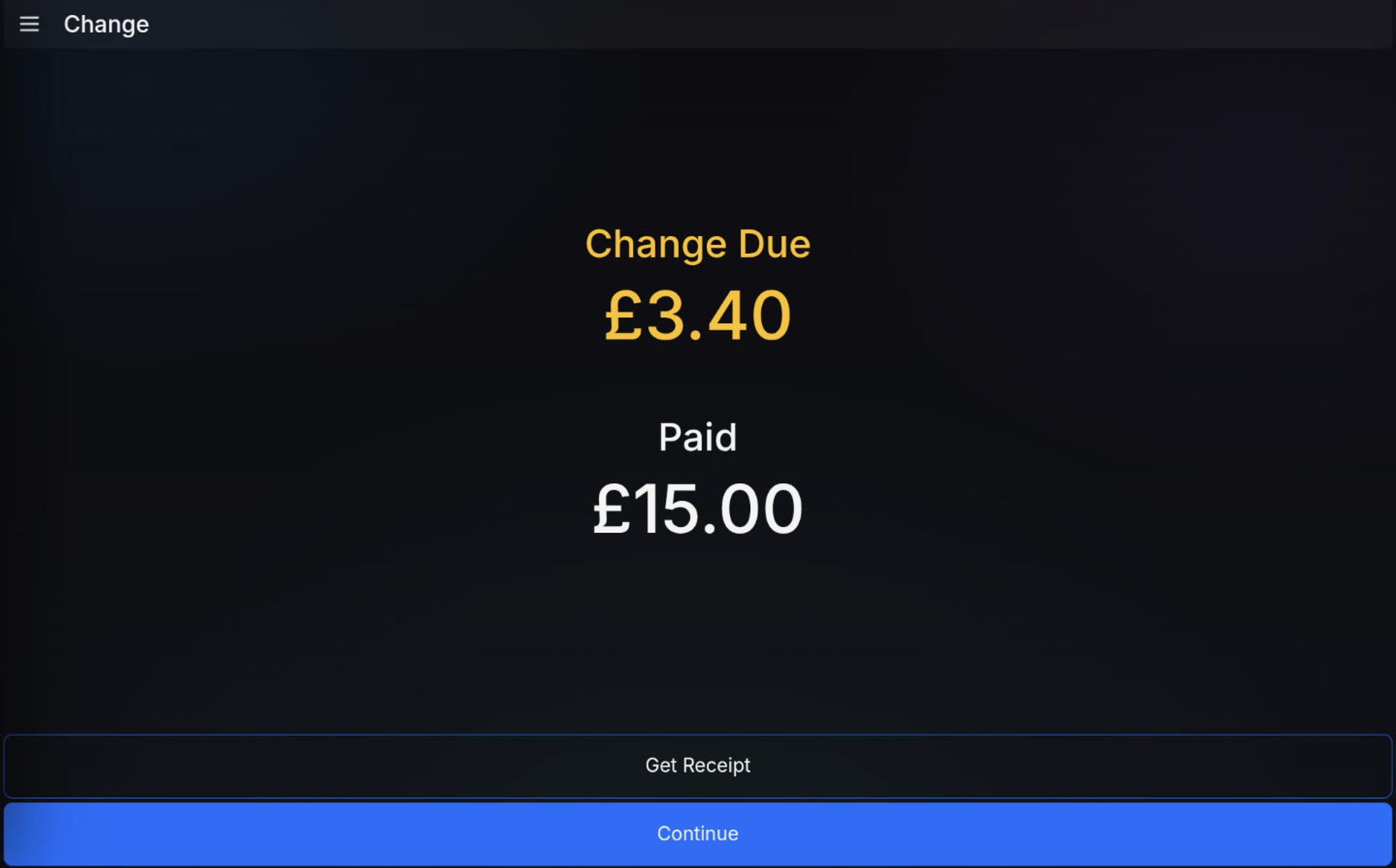 Completed cash payment showing amount paid and change due