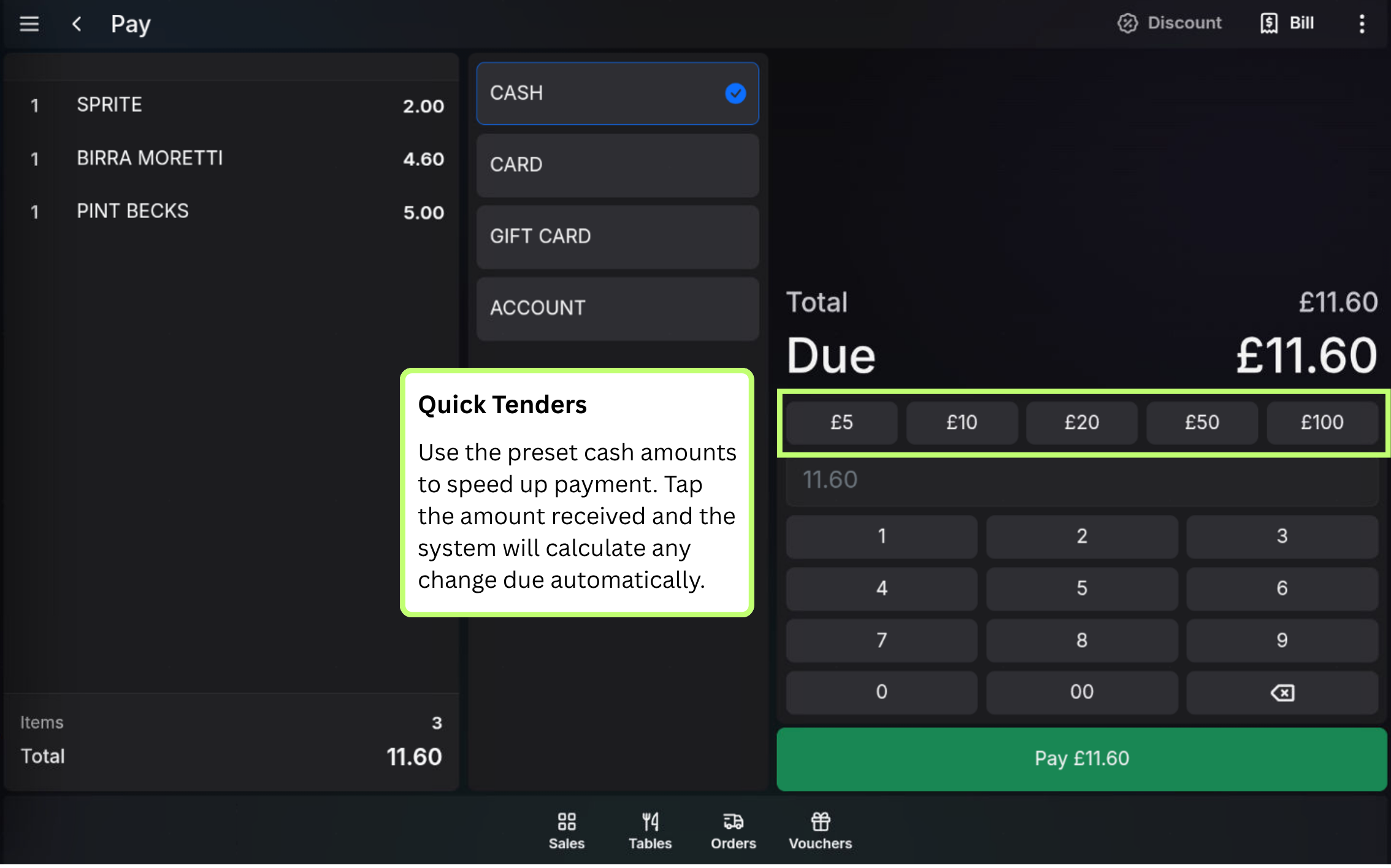 Fast tender cash keys on the POS