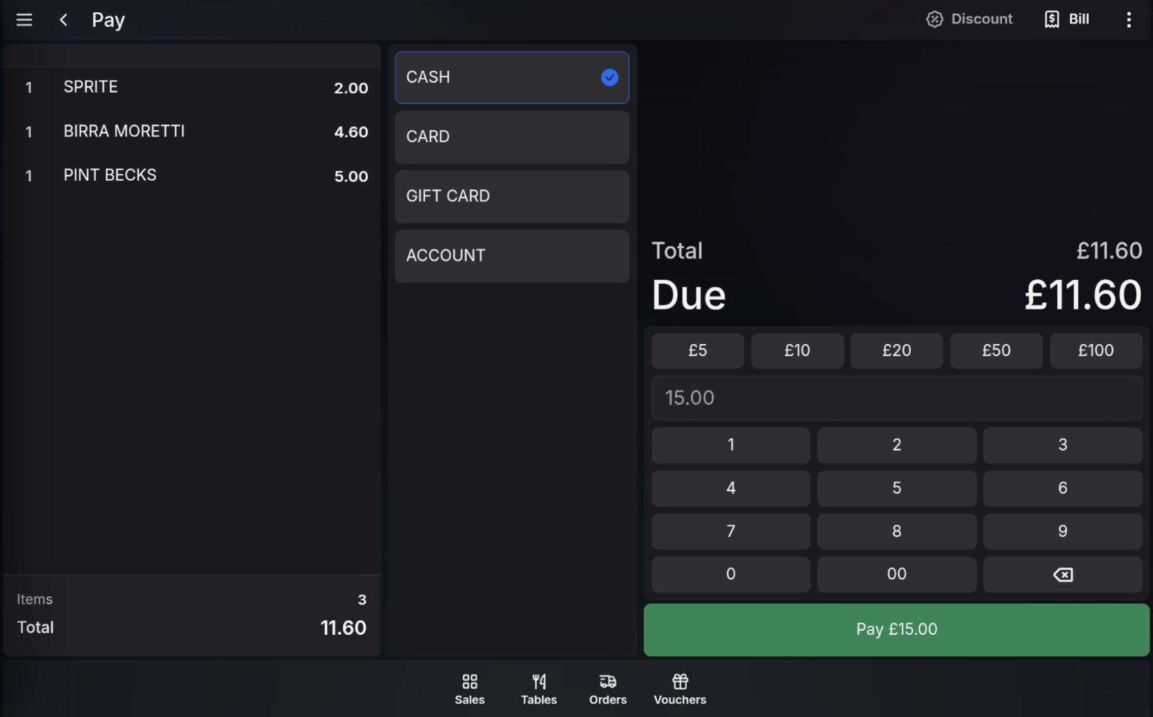 Cash tender amount entered on the POS