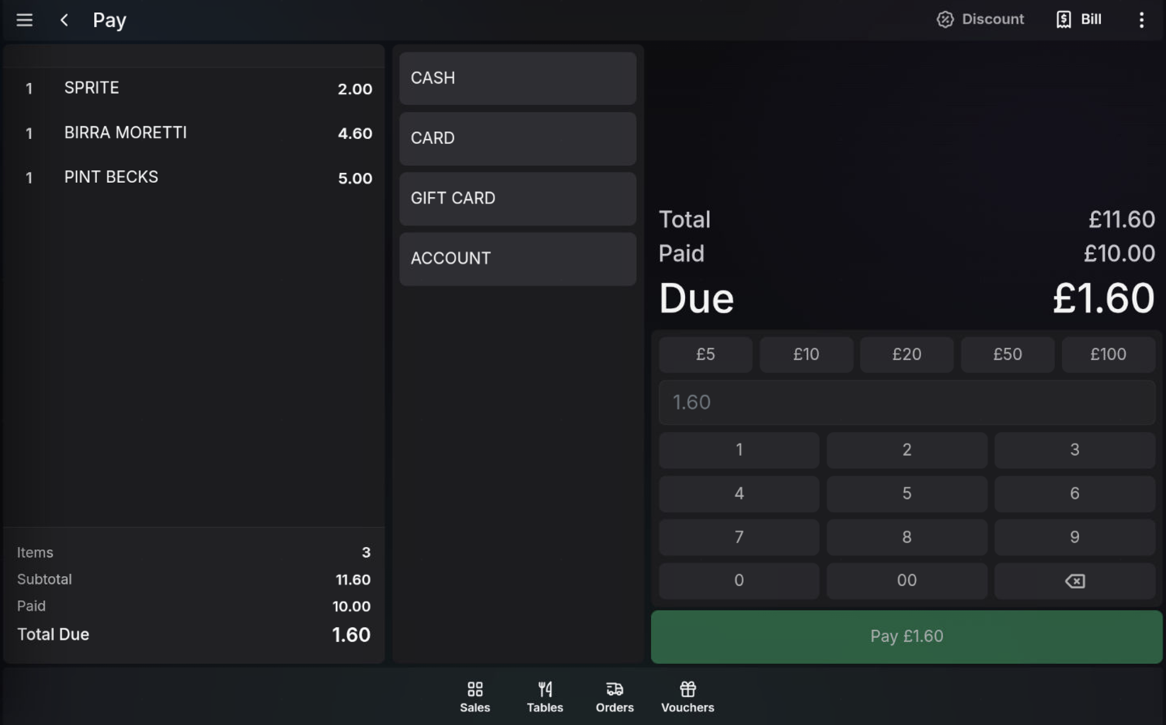Under-tendered cash payment showing a remaining balance on the POS