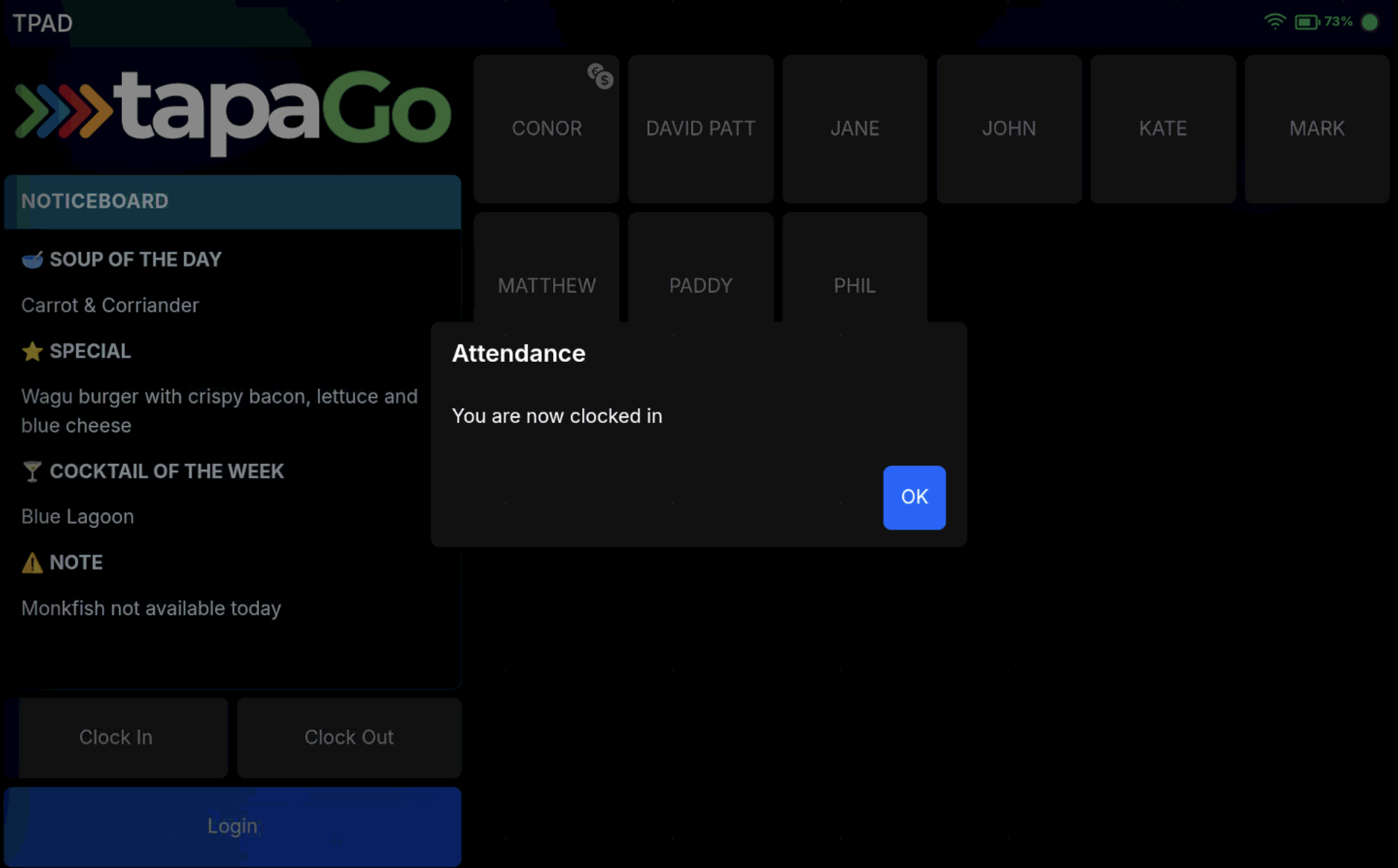Clock in confirmation screen