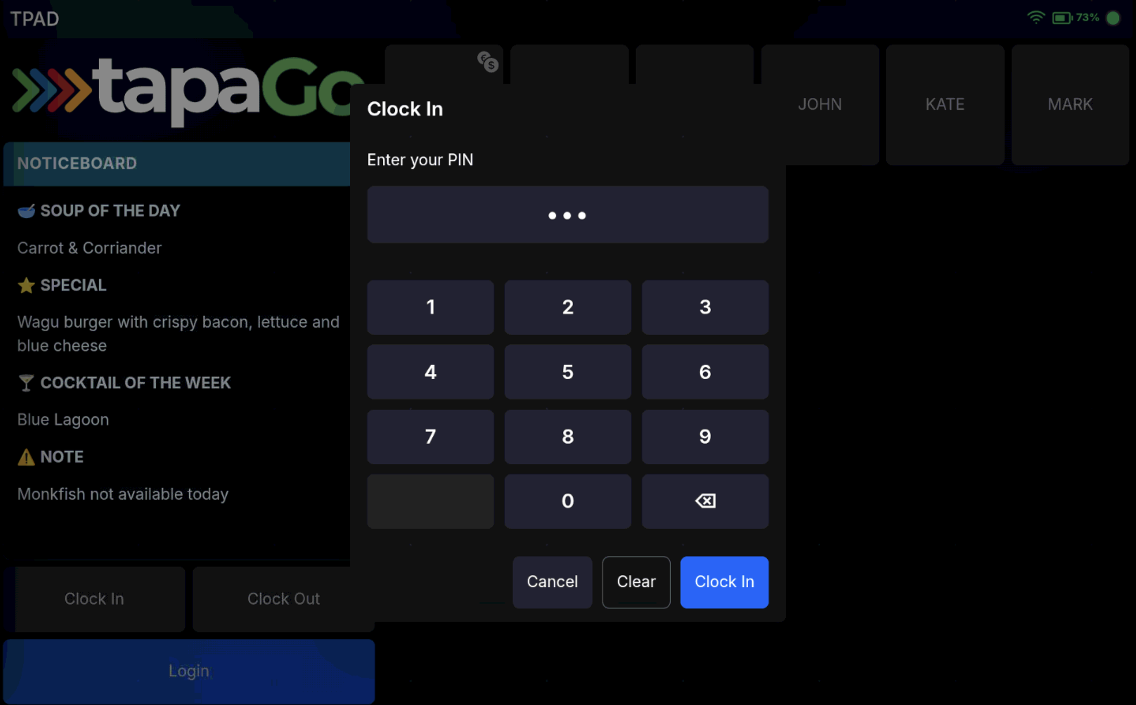 Clock in PIN entry screen