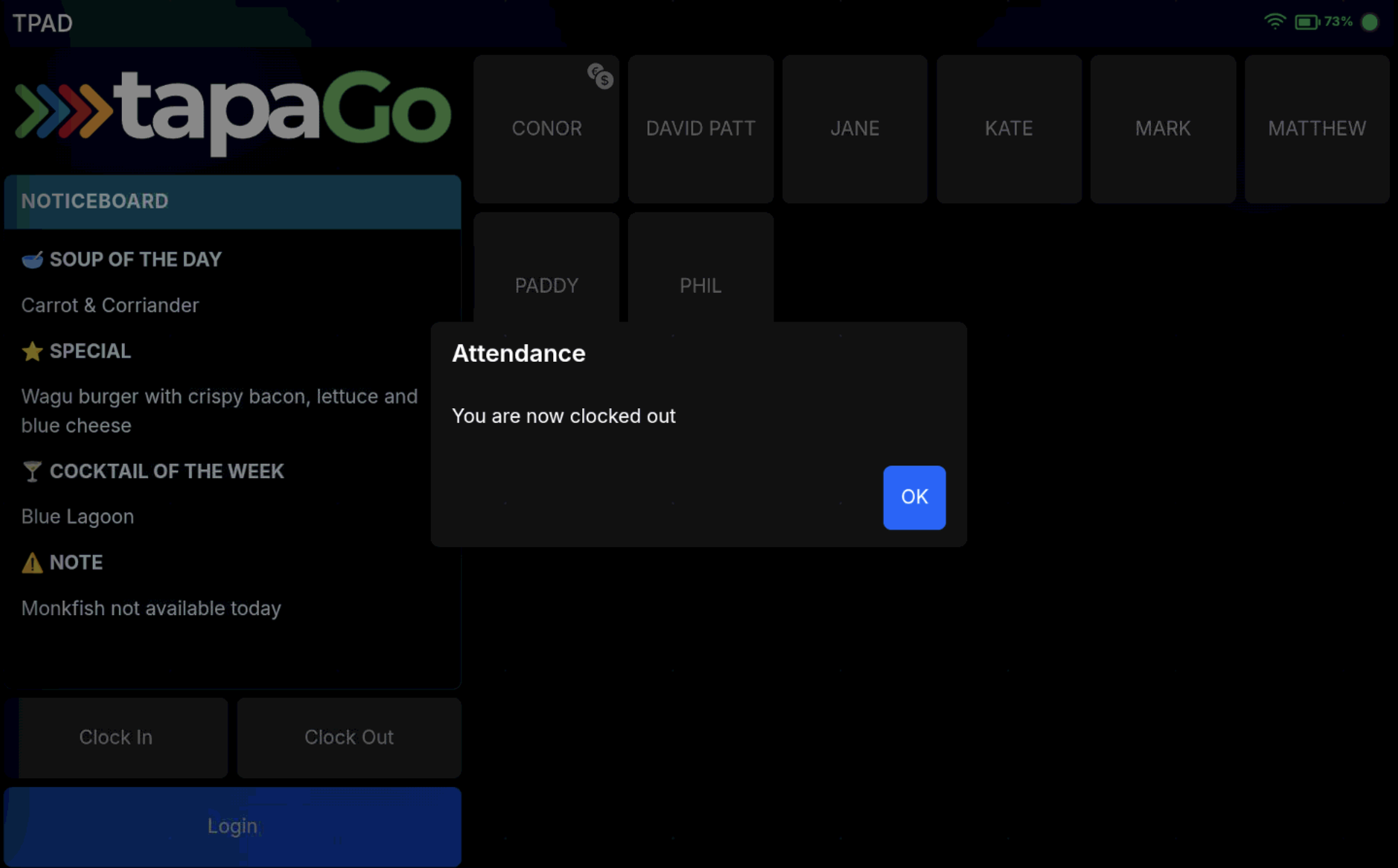 Clock out confirmation screen